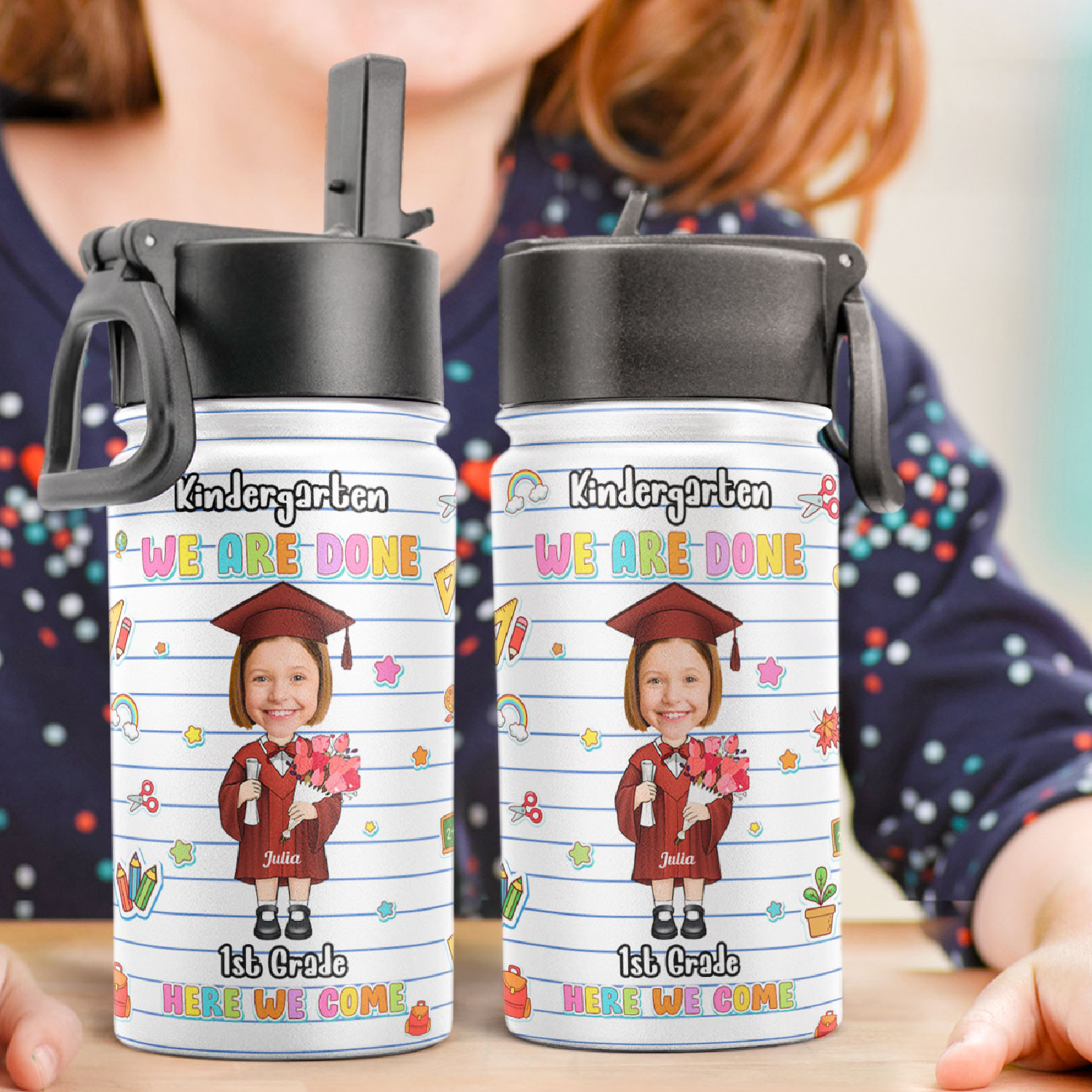 Kids Graduation Celebration - Personalized Photo Kids Water Bottle With Straw Lid