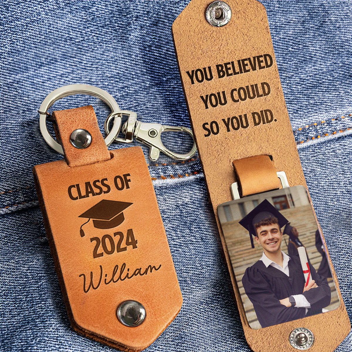 Let The Journey Begin Graduation Gift - Personalized Leather Photo Keychain