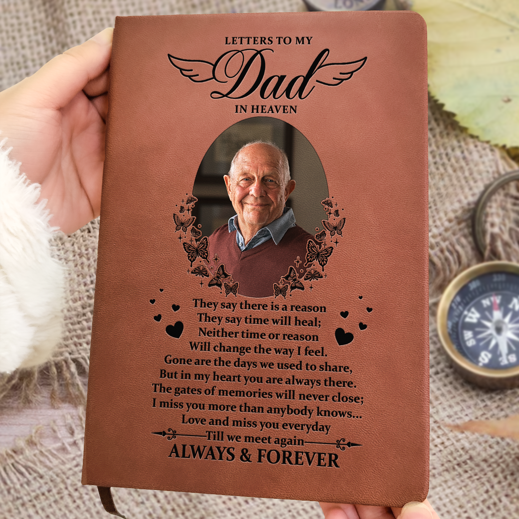 Letters To My Dad In Heaven Memorial Gift - Personalized Photo Leather Journal