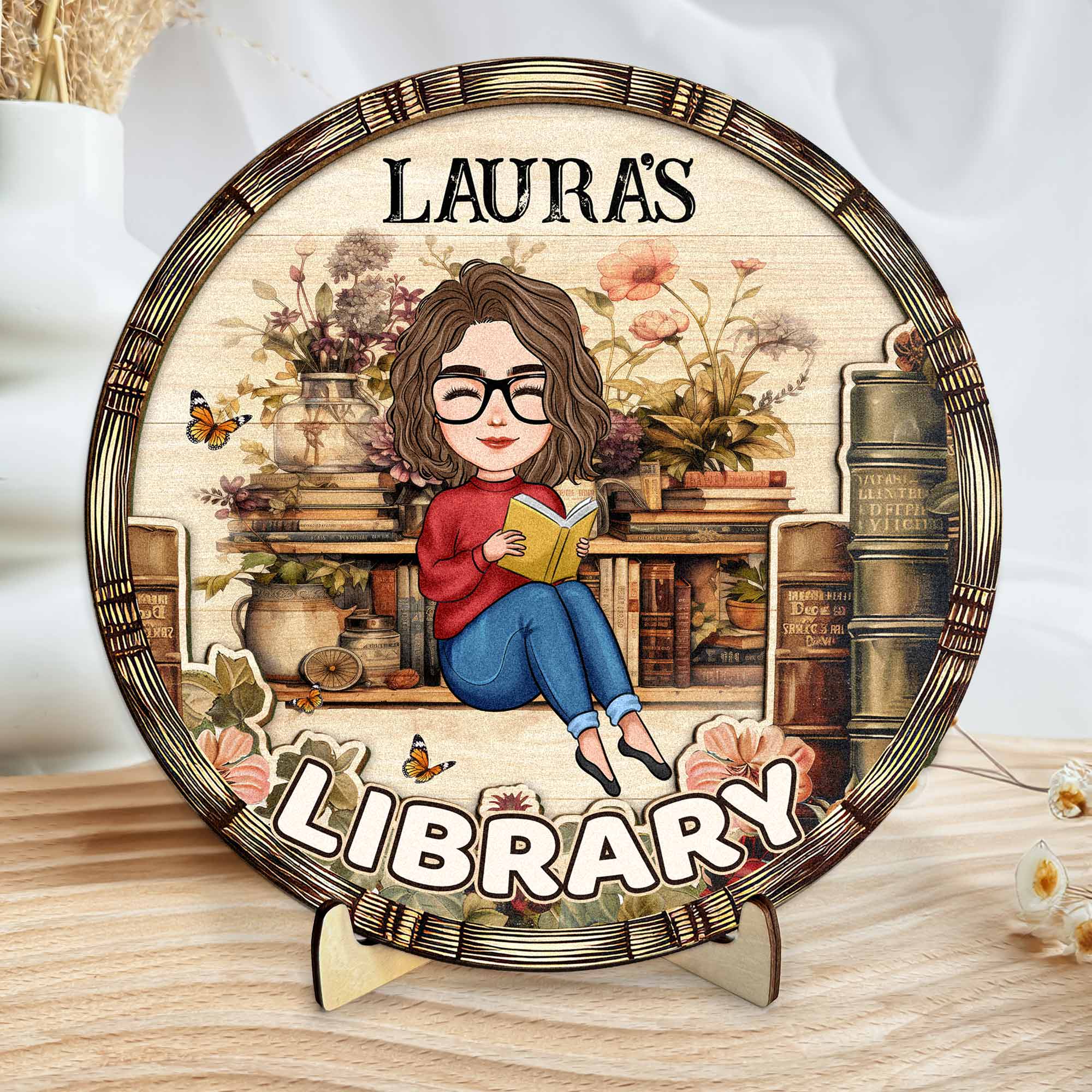 Library Sign Gift For Book Lovers - Personalized Wooden Plaque