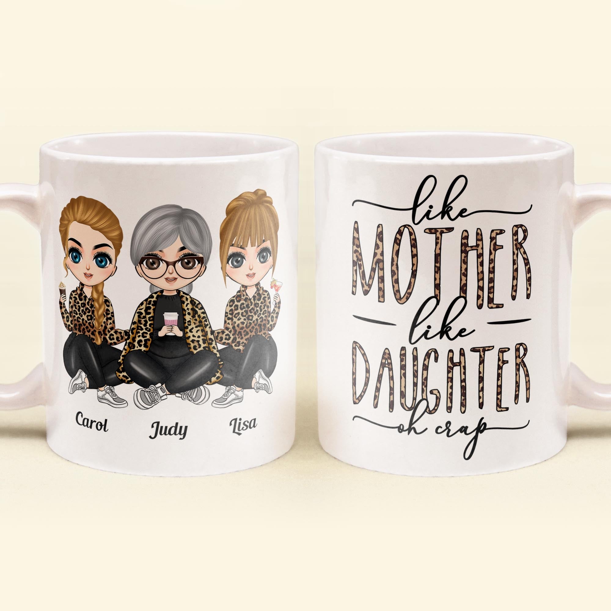 Like Mother Like Daughter Leopard Version - Personalized Mug  - Birthday Gift For Mother, Mom, Daughter - Leopard Chibi Girls