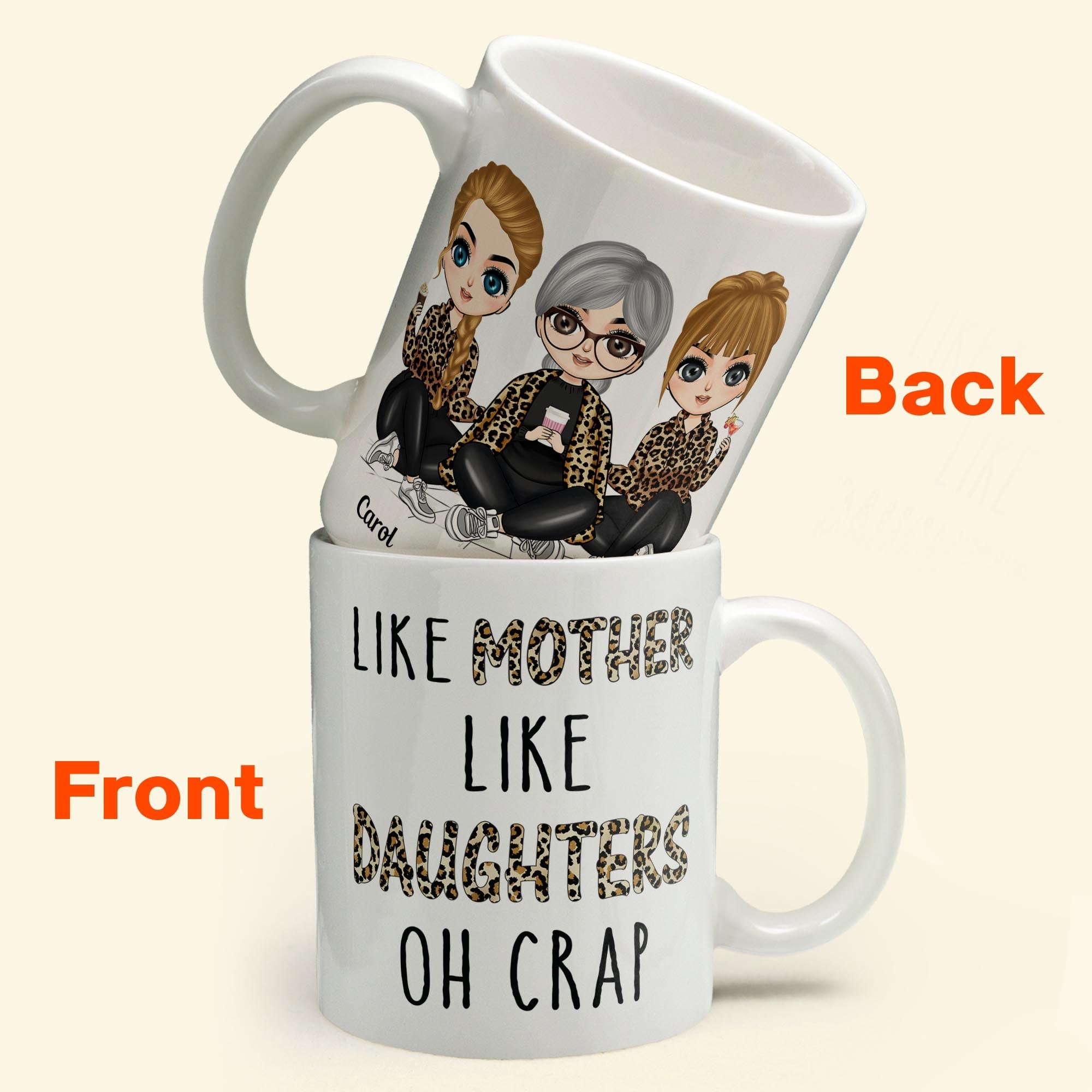 Like Mother Like Daughter Oh Crap Leopard Design  - Personalized Mug - Birthday Gift For Mother, Mom, Daughter - Chibi Girls