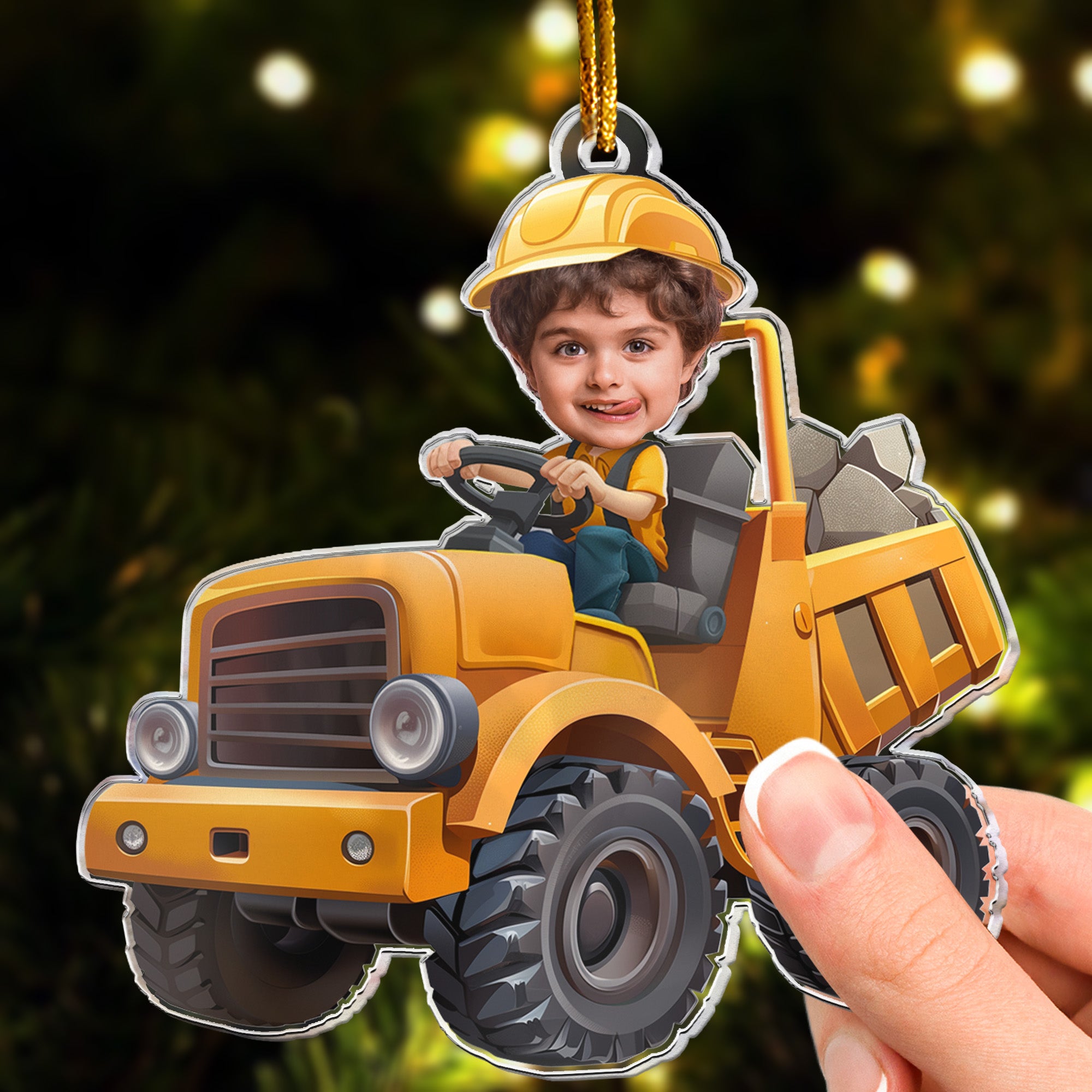 Little Boy Riding Construction Truck - Flat Design - Gifts For Kids - Personalized Acrylic Photo Ornament