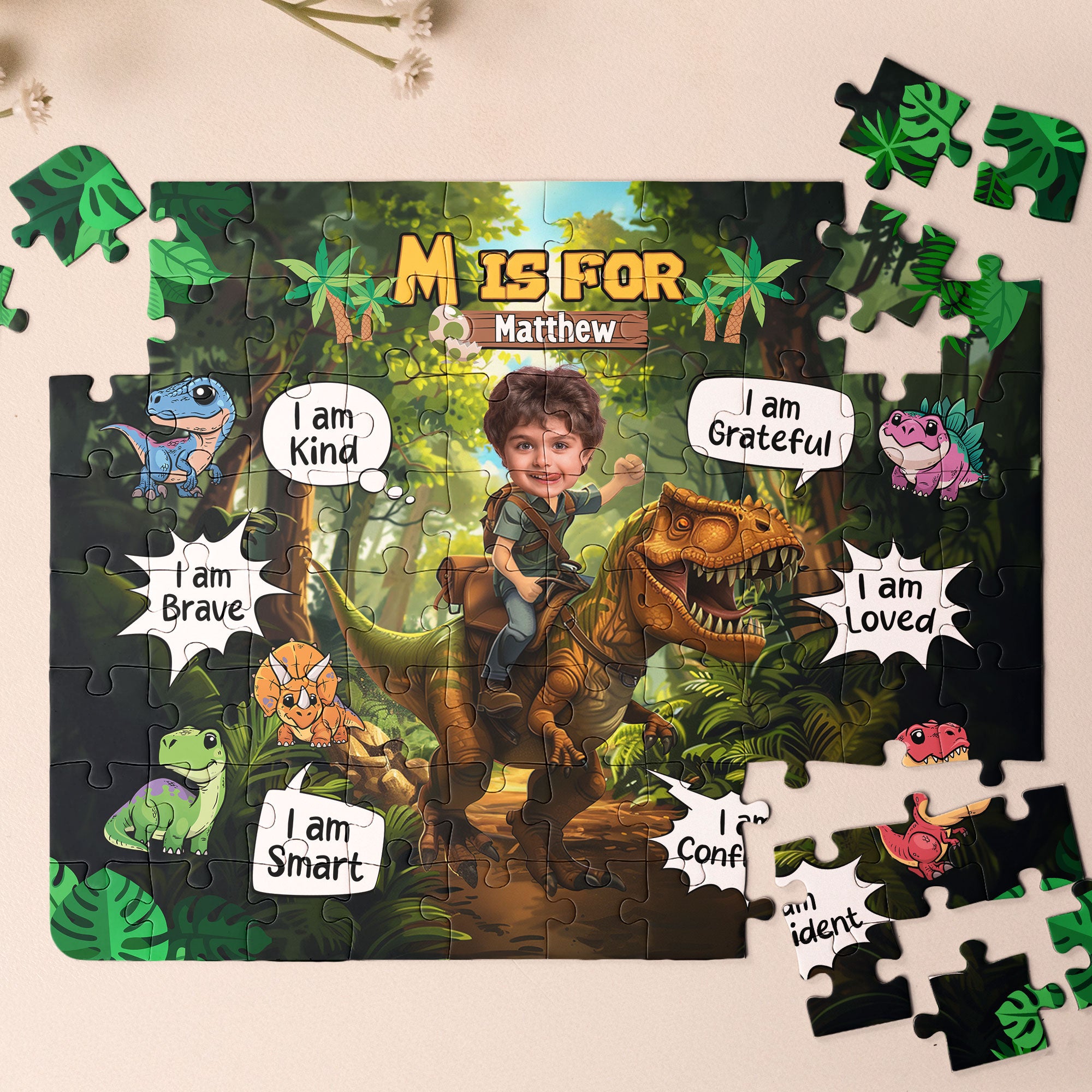 Little Boy Riding Dinosaur - I Am Kind I Am Brave - Personalized Photo Jigsaw Puzzle