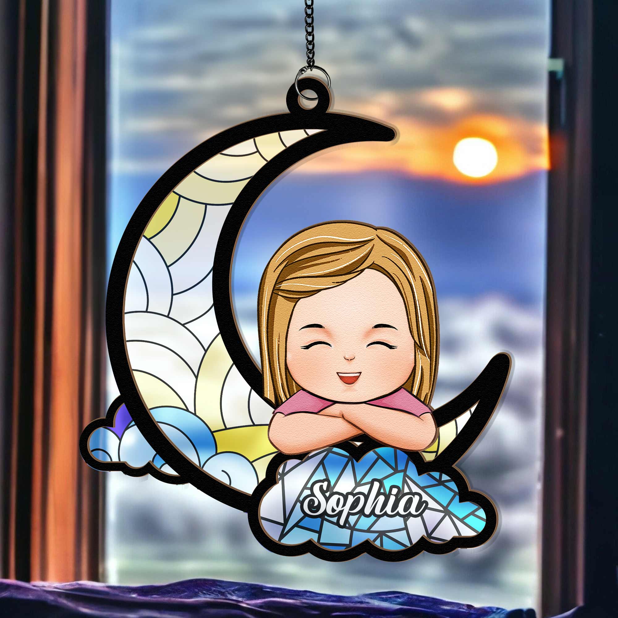 Little Kid On The Moon - Personalized Window Hanging Suncatcher Ornament