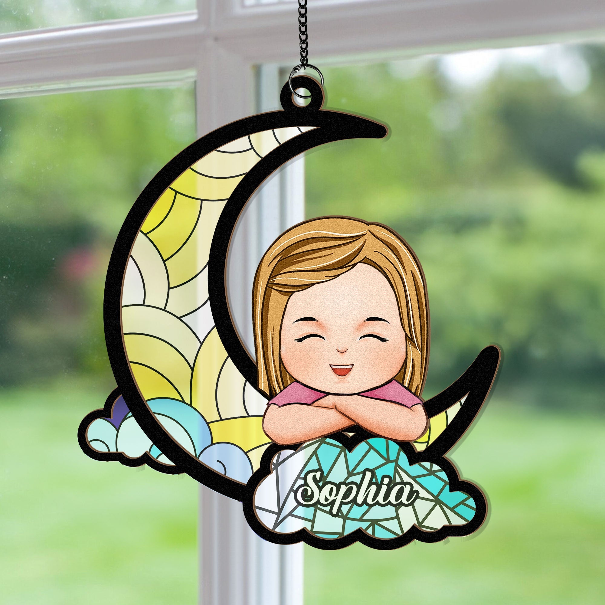 Little Kid On The Moon - Personalized Window Hanging Suncatcher Ornament