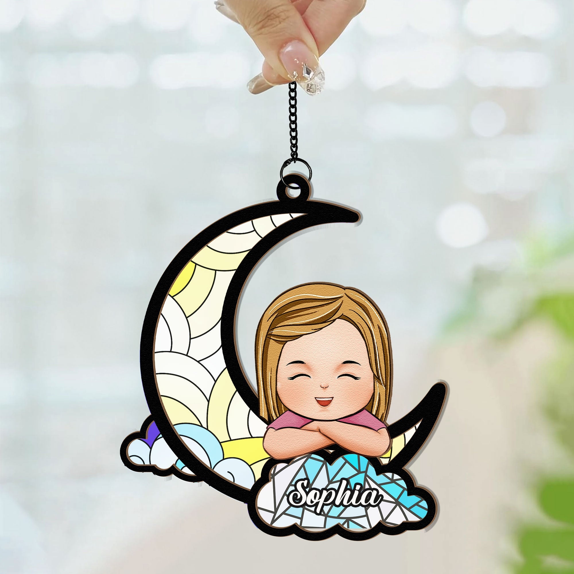 Little Kid On The Moon - Personalized Window Hanging Suncatcher Ornament