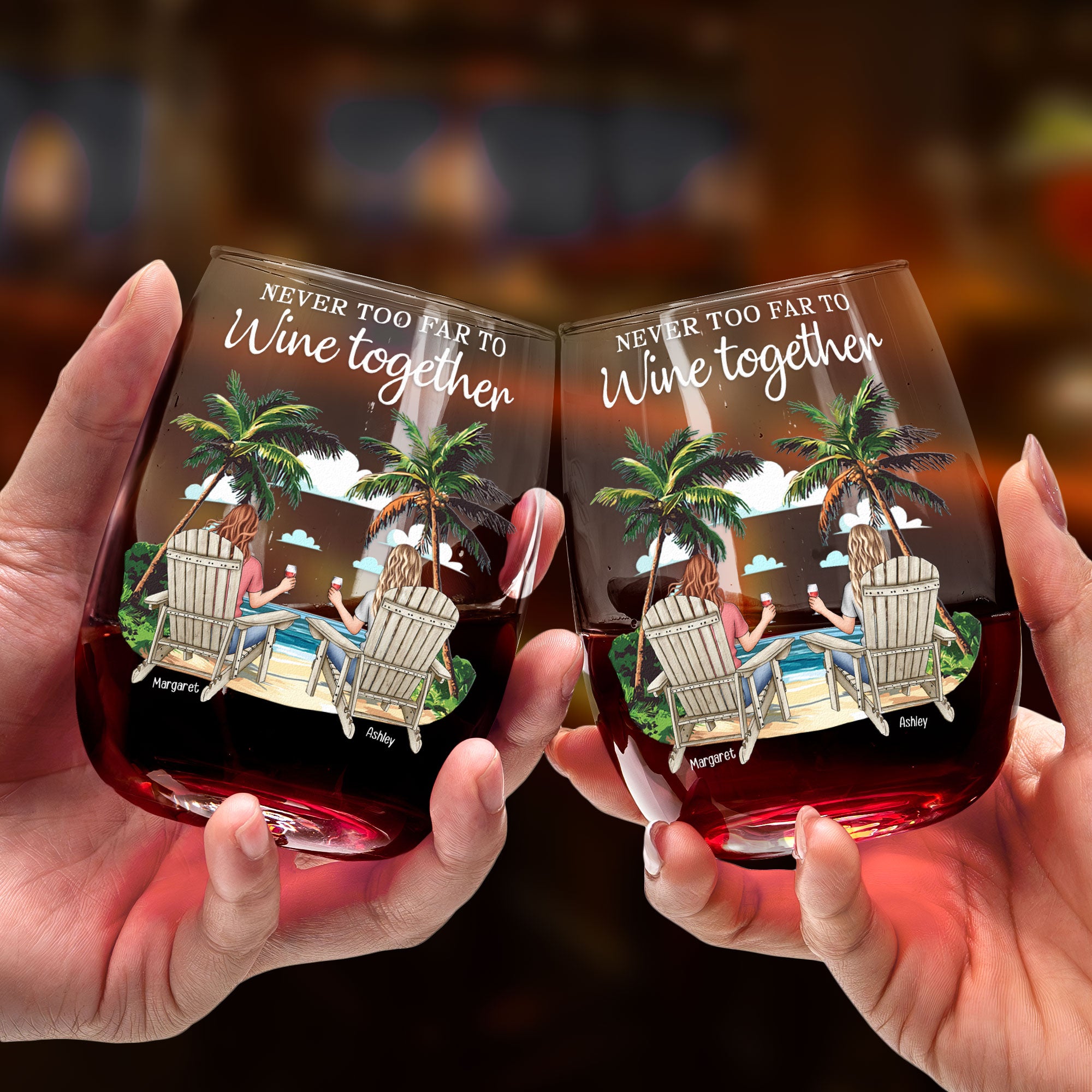 Long Distance Family Friends Never Too Far To Wine Together - Personalized Stemless Wine Glass