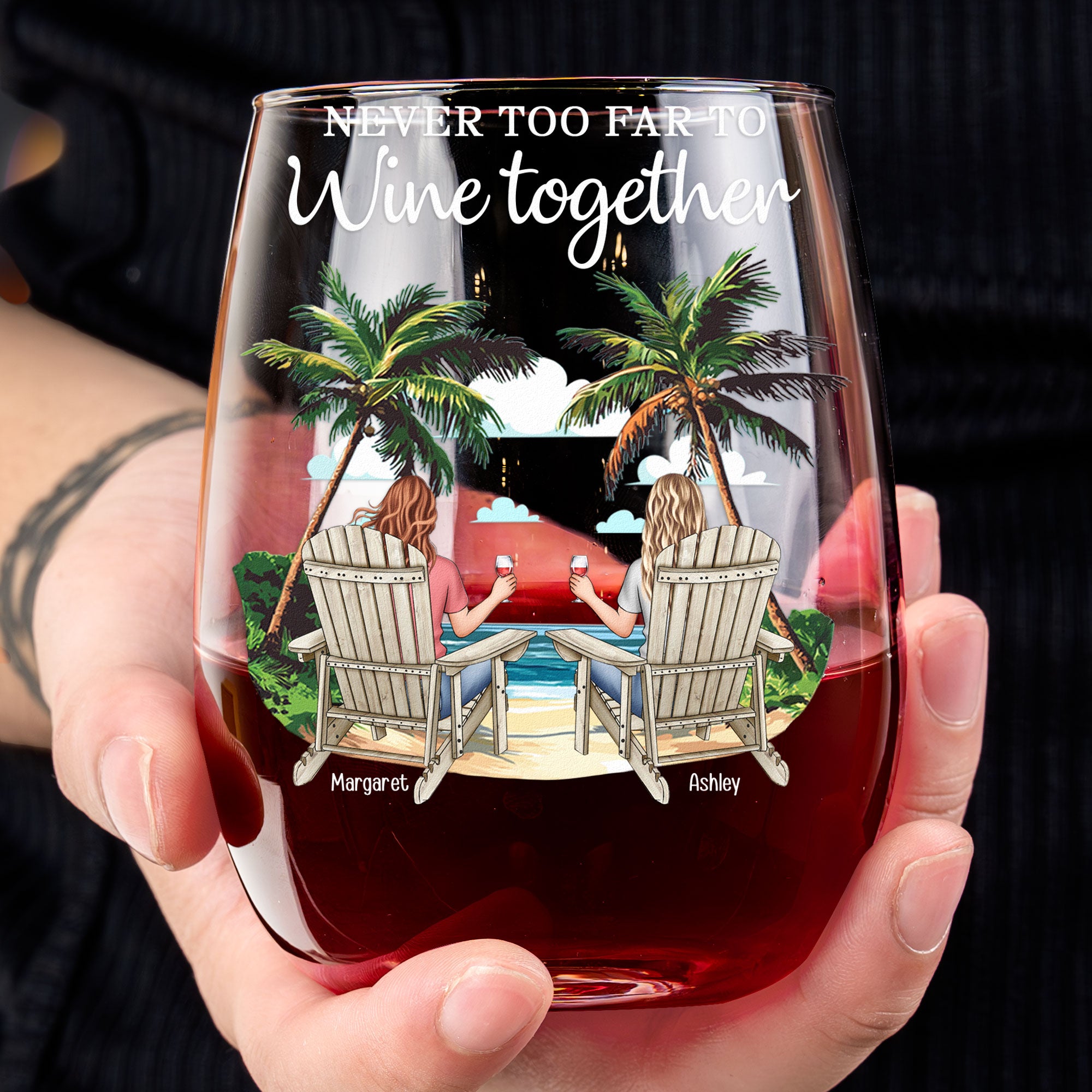 Long Distance Family Friends Never Too Far To Wine Together - Personalized Stemless Wine Glass