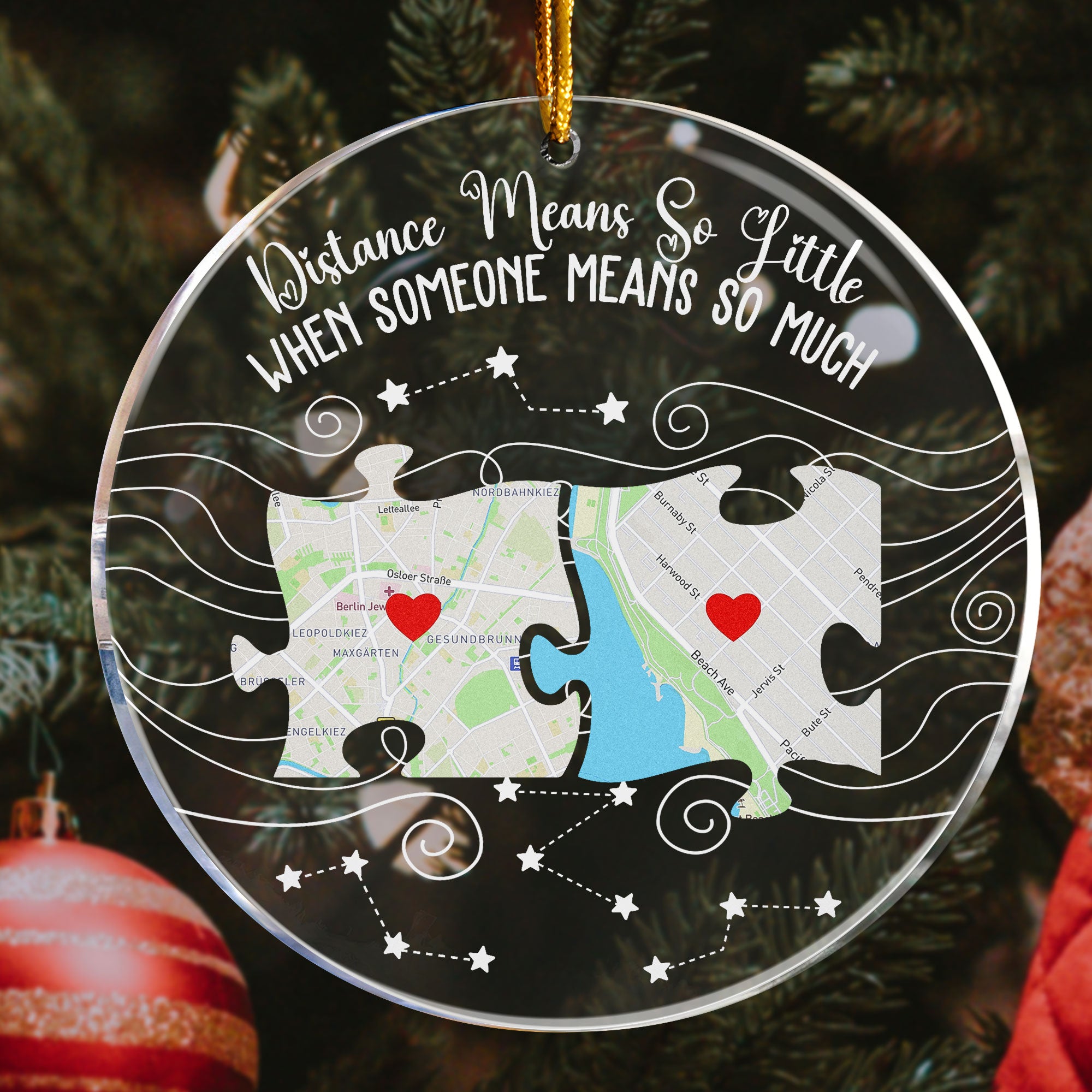 Long Distance Family, Friends, Couples - Custom Multi Print Map (Puzzle Style) - Personalized Acrylic Ornament