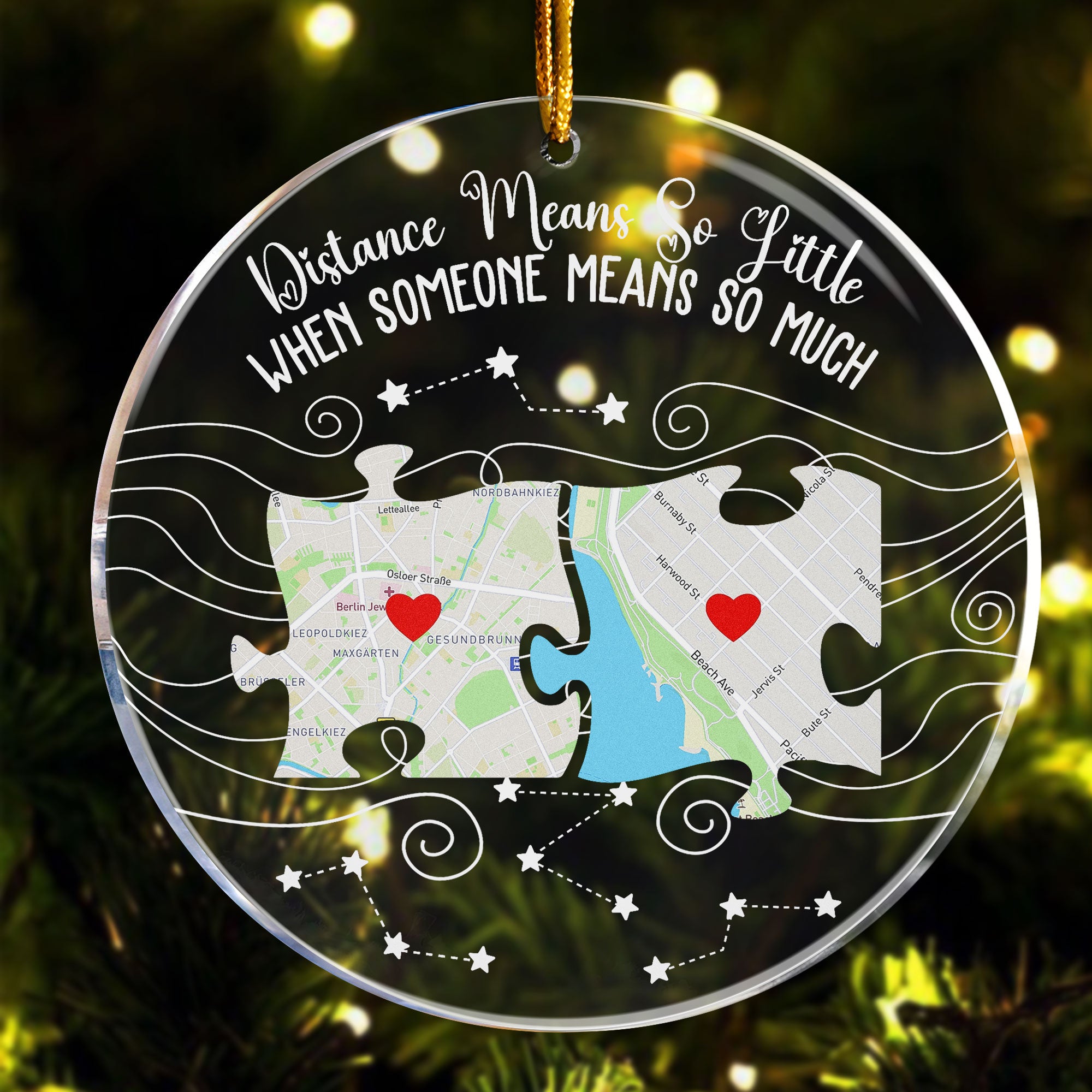 Long Distance Family, Friends, Couples - Custom Multi Print Map (Puzzle Style) - Personalized Acrylic Ornament