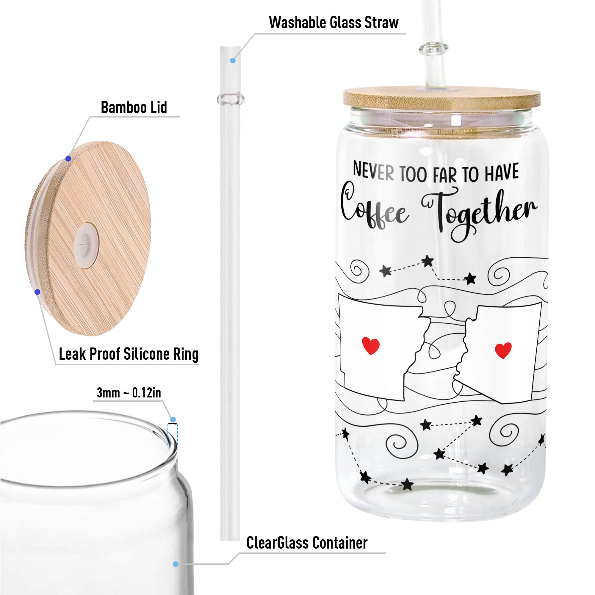 Long Distance Family, Friends, Couples - Never Too Far To Drink Together - Personalized Clear Glass Cup