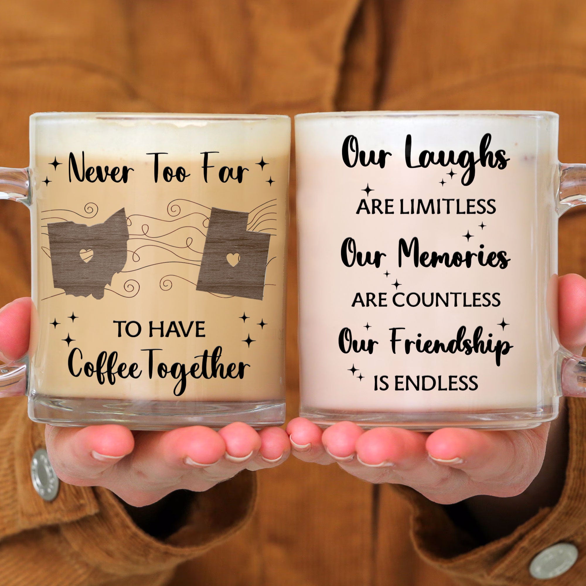 Long Distance Never Too Far To Have Coffee Together - Personalized Glass Mug