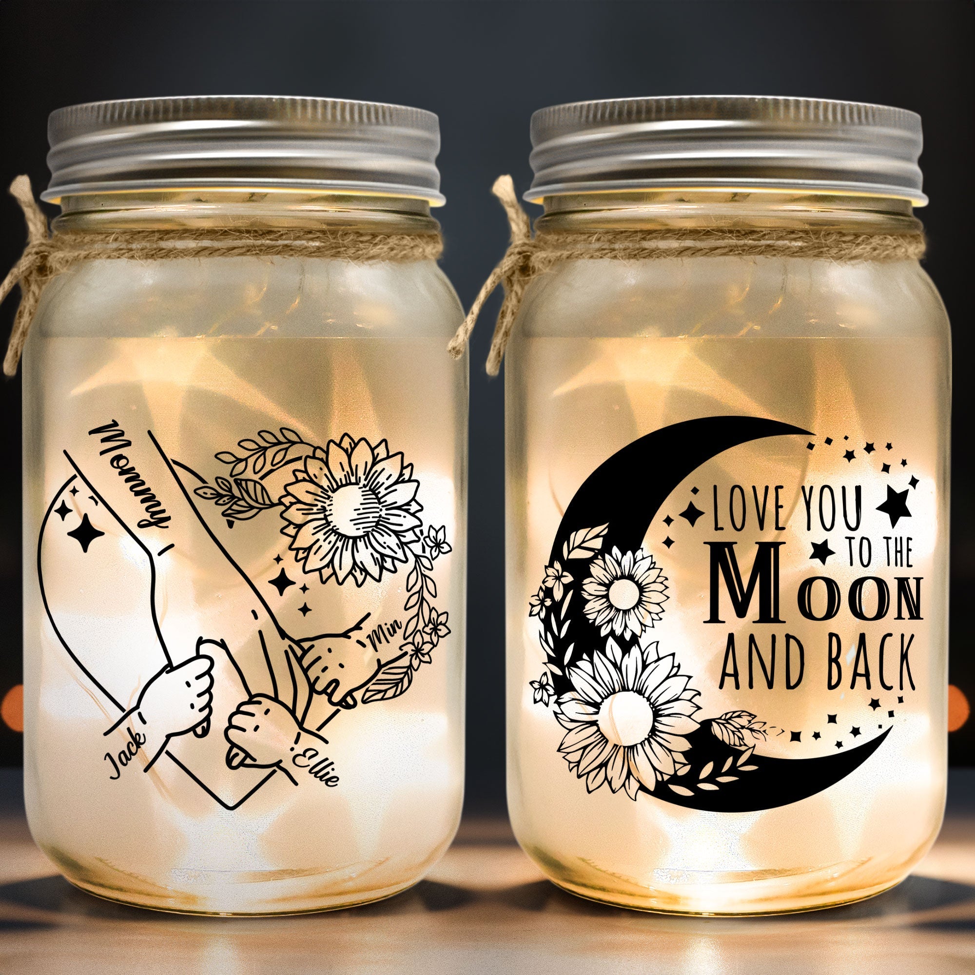 Love You To The Moon And Back Mom Holding Hands - Personalized Mason Jar Light