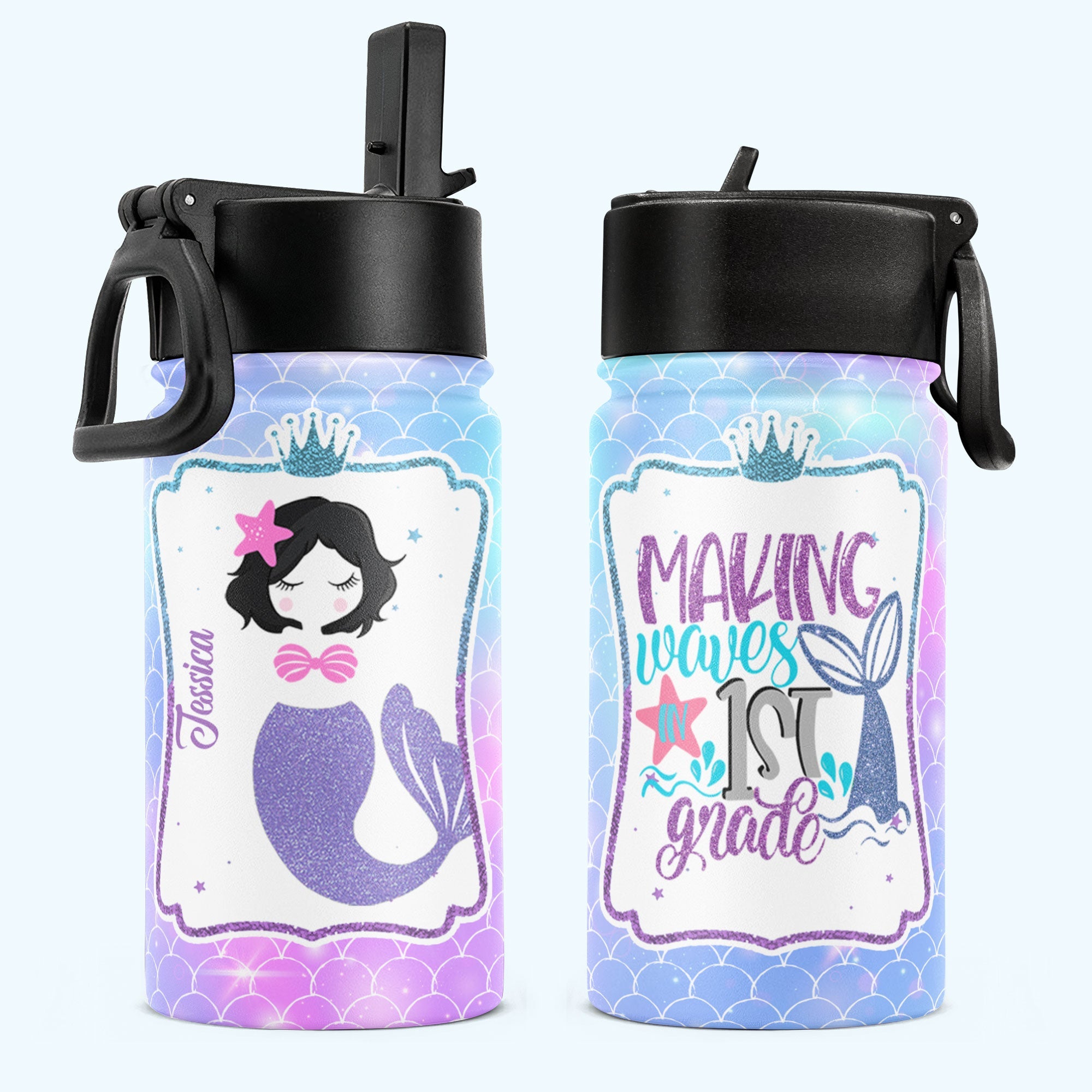 Making Waves In School - Personalized Kids Water Bottle With Straw Lid