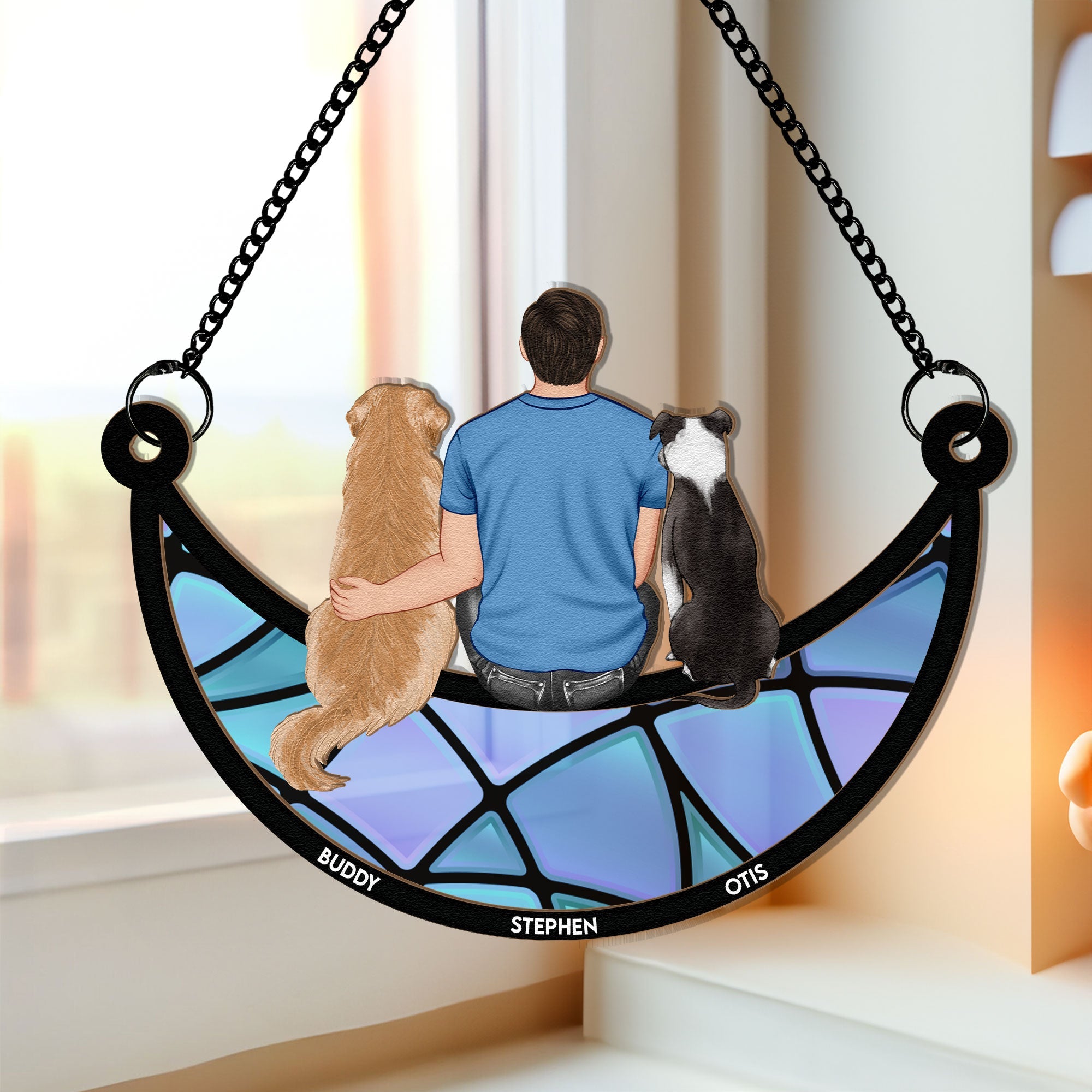 Man And Dog Sitting On The Moon - Personalized Window Hanging Suncatcher Ornament