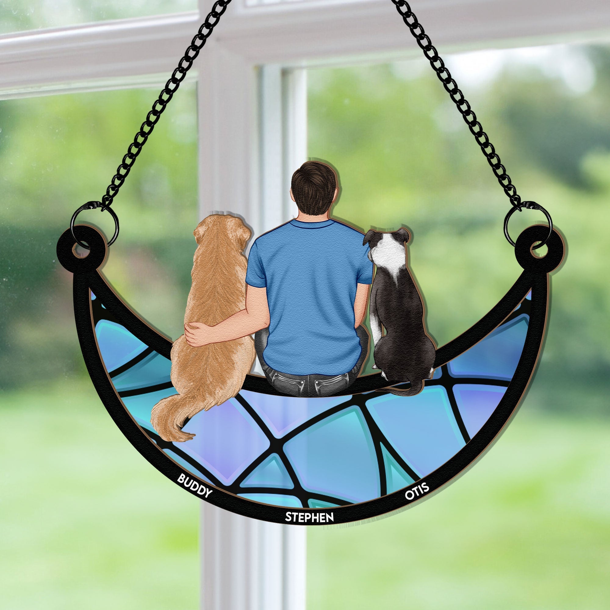 Man And Dog Sitting On The Moon - Personalized Window Hanging Suncatcher Ornament