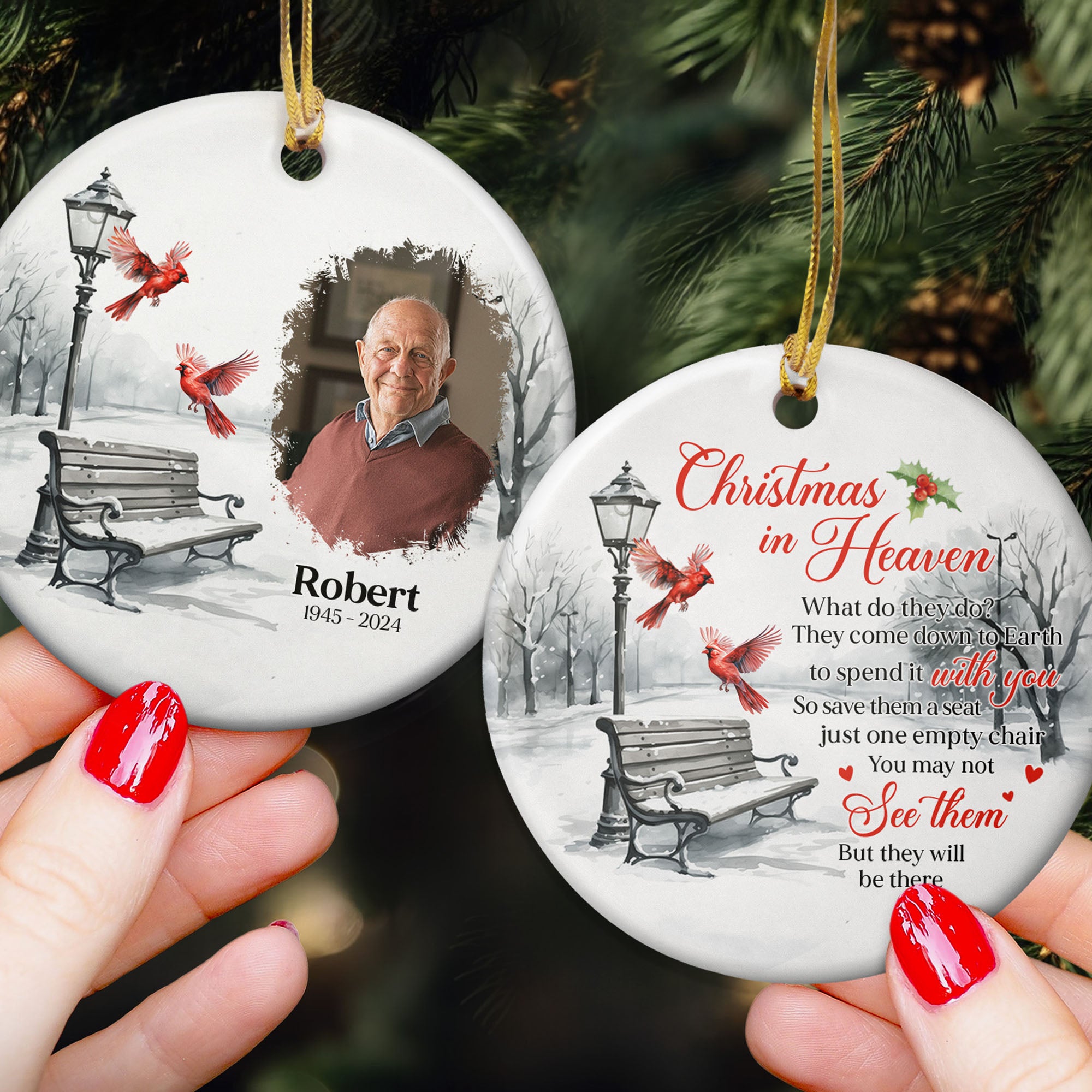 Memorial Christmas In Heaven - Personalized Two-Sided Ceramic Photo Ornament