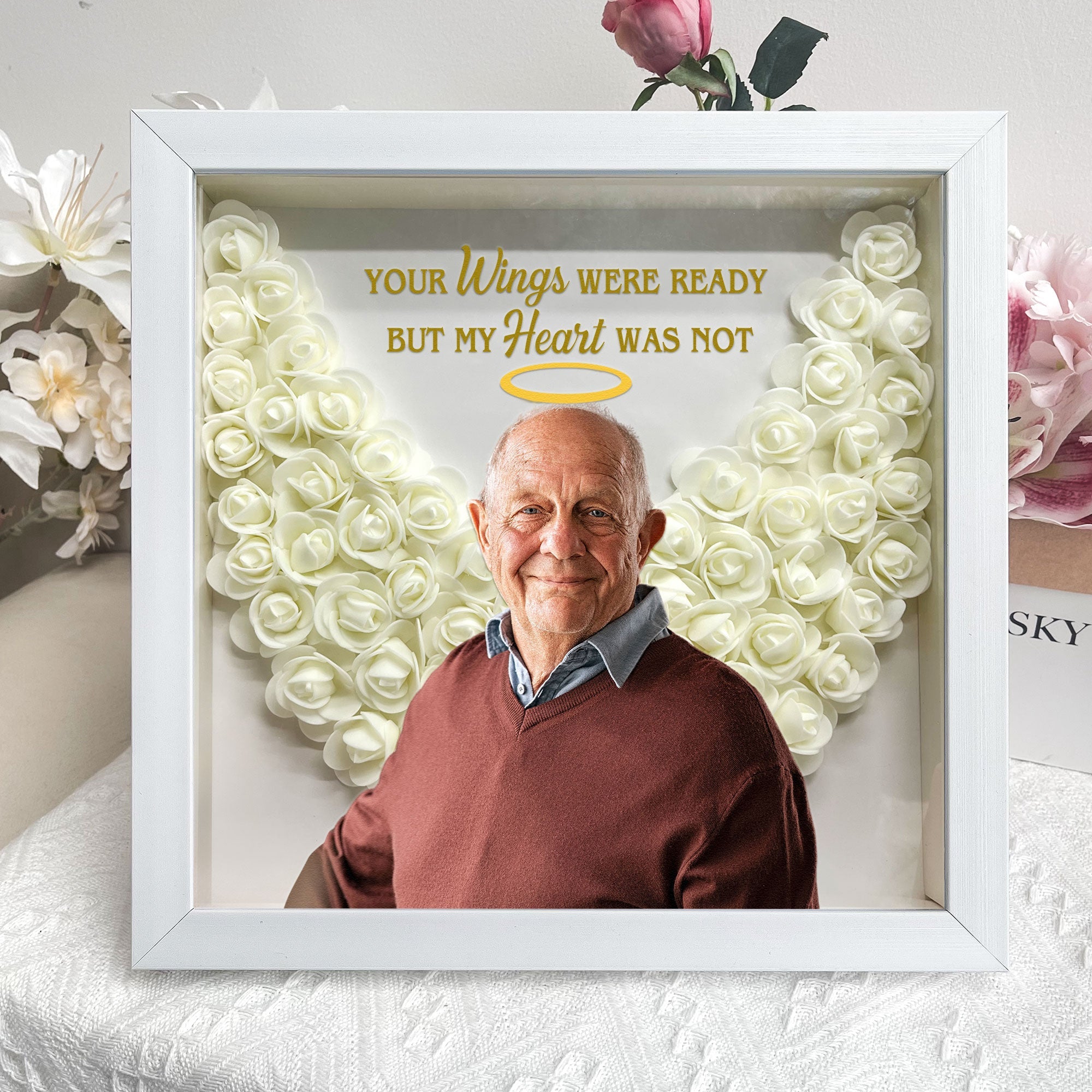 Memorial Gifts Your Wings Were Ready - Personalized Photo Flower Shadow Box