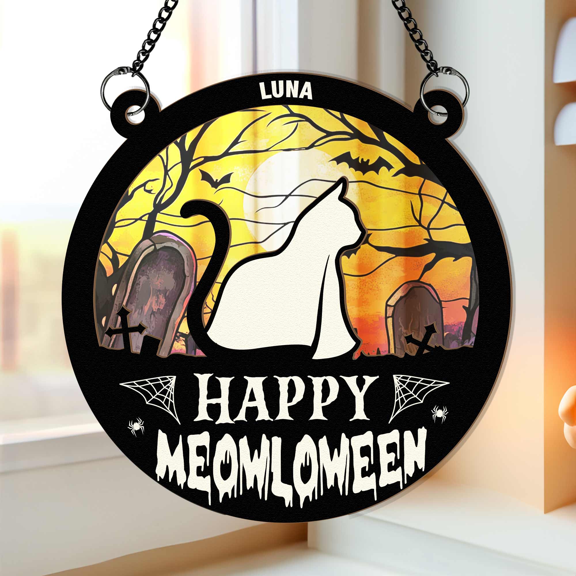 Meowloween Cat - Personalized Window Hanging Suncatcher Ornament