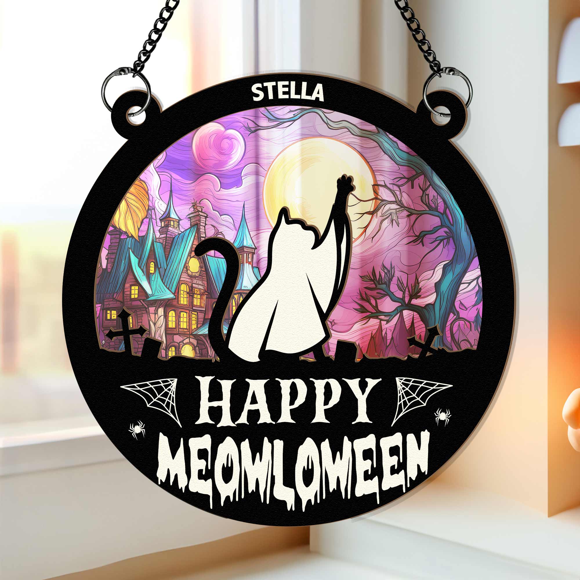 Meowloween Cat - Personalized Window Hanging Suncatcher Ornament