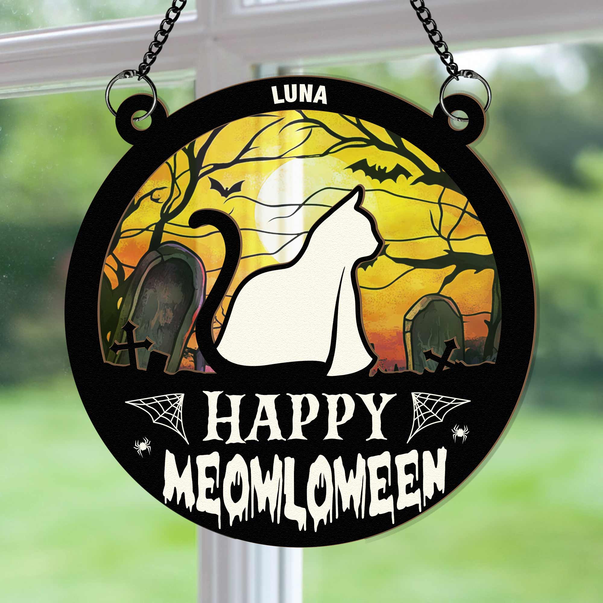 Meowloween Cat - Personalized Window Hanging Suncatcher Ornament