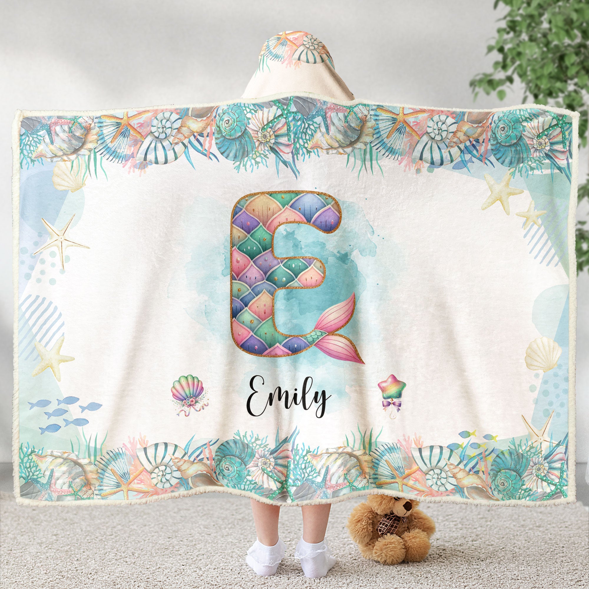 Mermaid Alphabet Blanket For Kid - Personalized Wearable Blanket Hoodie