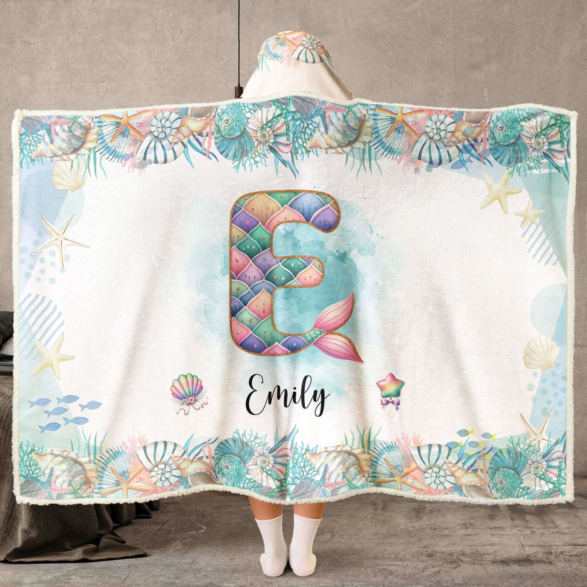 Mermaid Alphabet Blanket For Kid - Personalized Wearable Blanket Hoodie