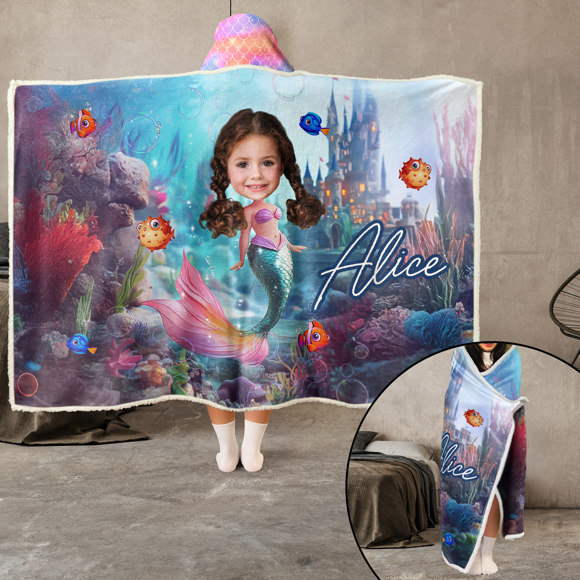 Mermaid Princess - Gifts For Little Girls, Daughter - Custom Face & Name - Personalized Photo Wearable Blanket Hoodie