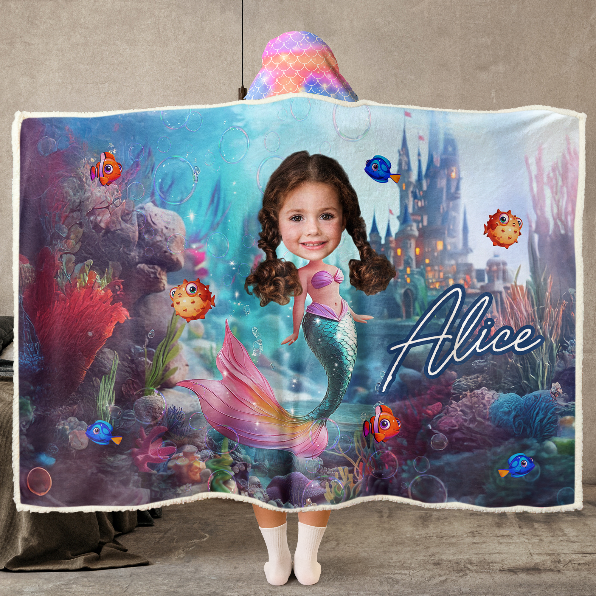 Mermaid Princess - Gifts For Little Girls, Daughter - Custom Face & Name - Personalized Photo Wearable Blanket Hoodie