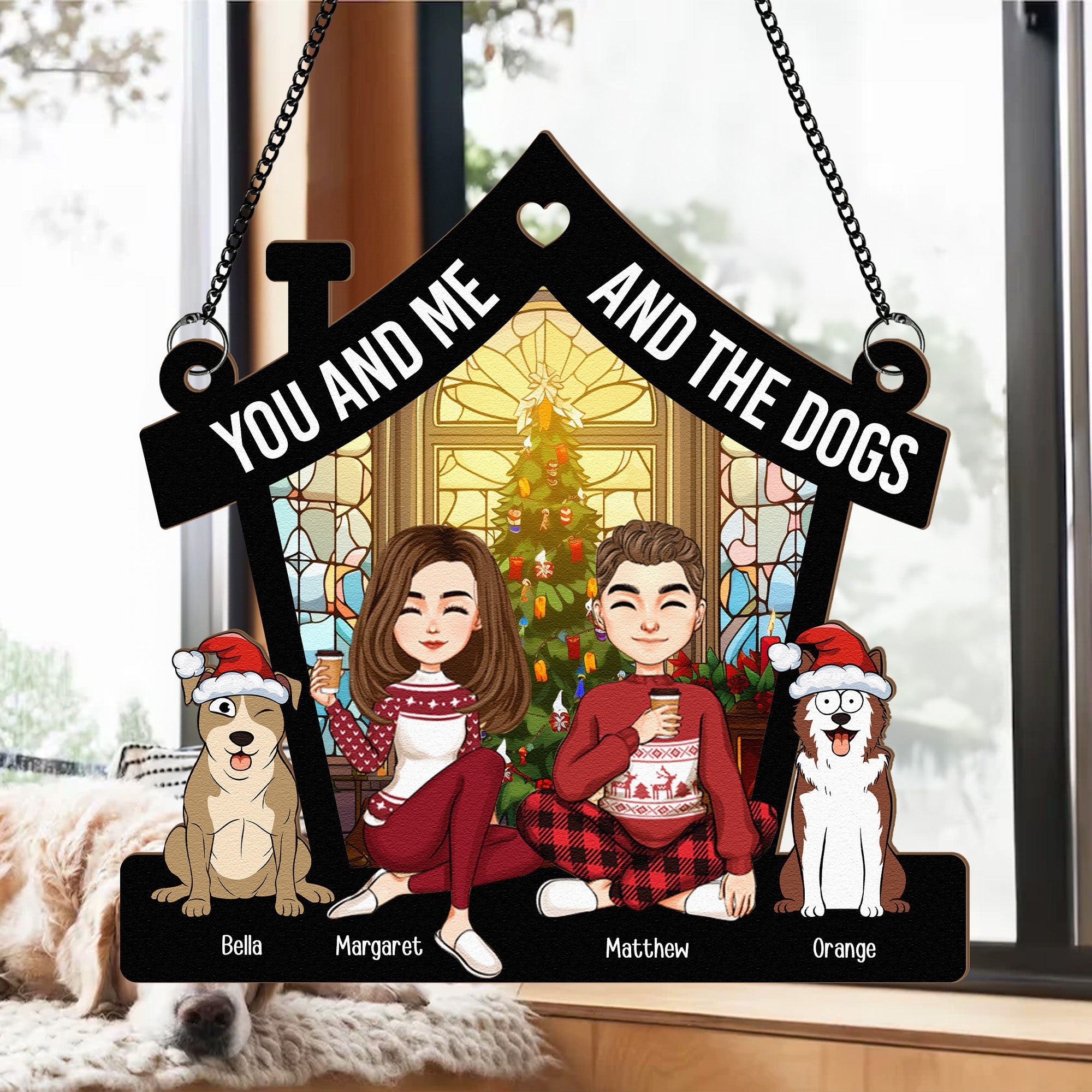 Merry Christmas Couple With Pets - Personalized Window Hanging Suncatcher Ornament