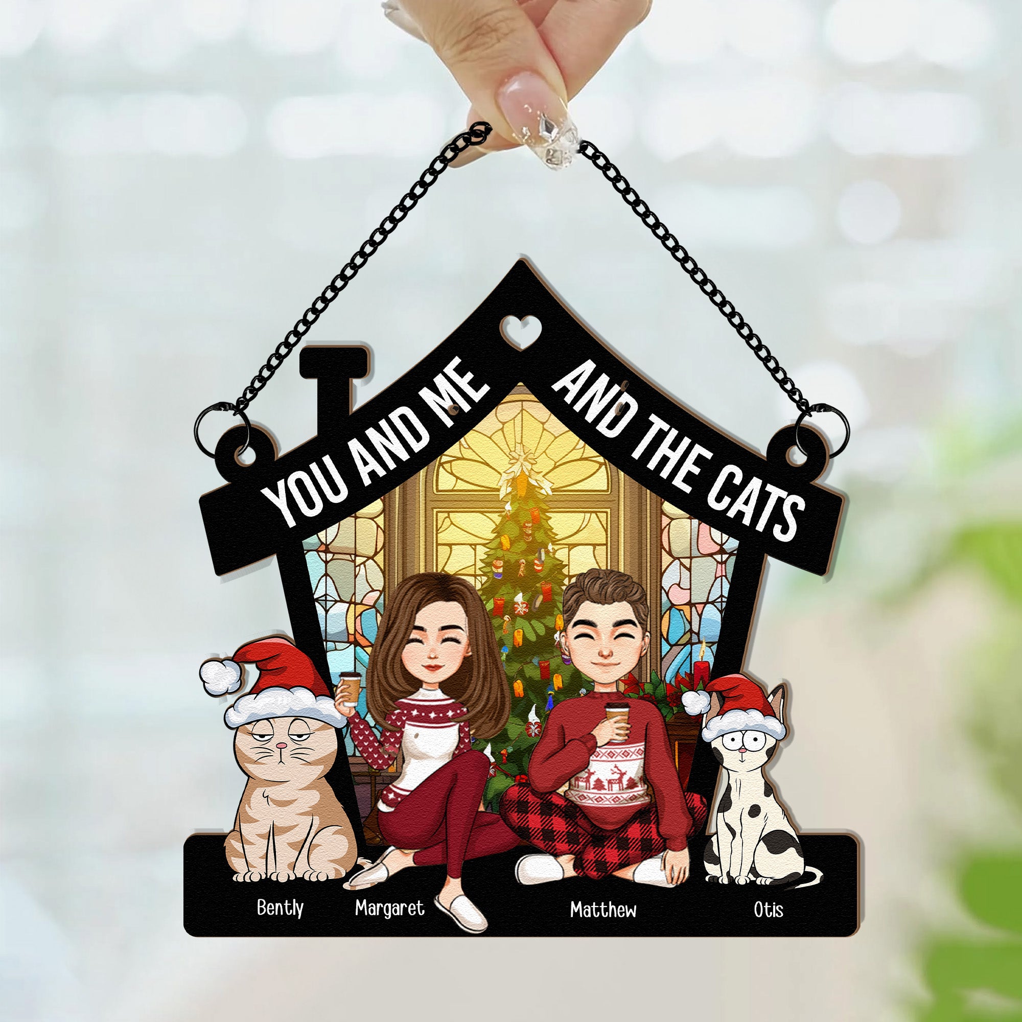 Merry Christmas Couple With Pets - Personalized Window Hanging Suncatcher Ornament