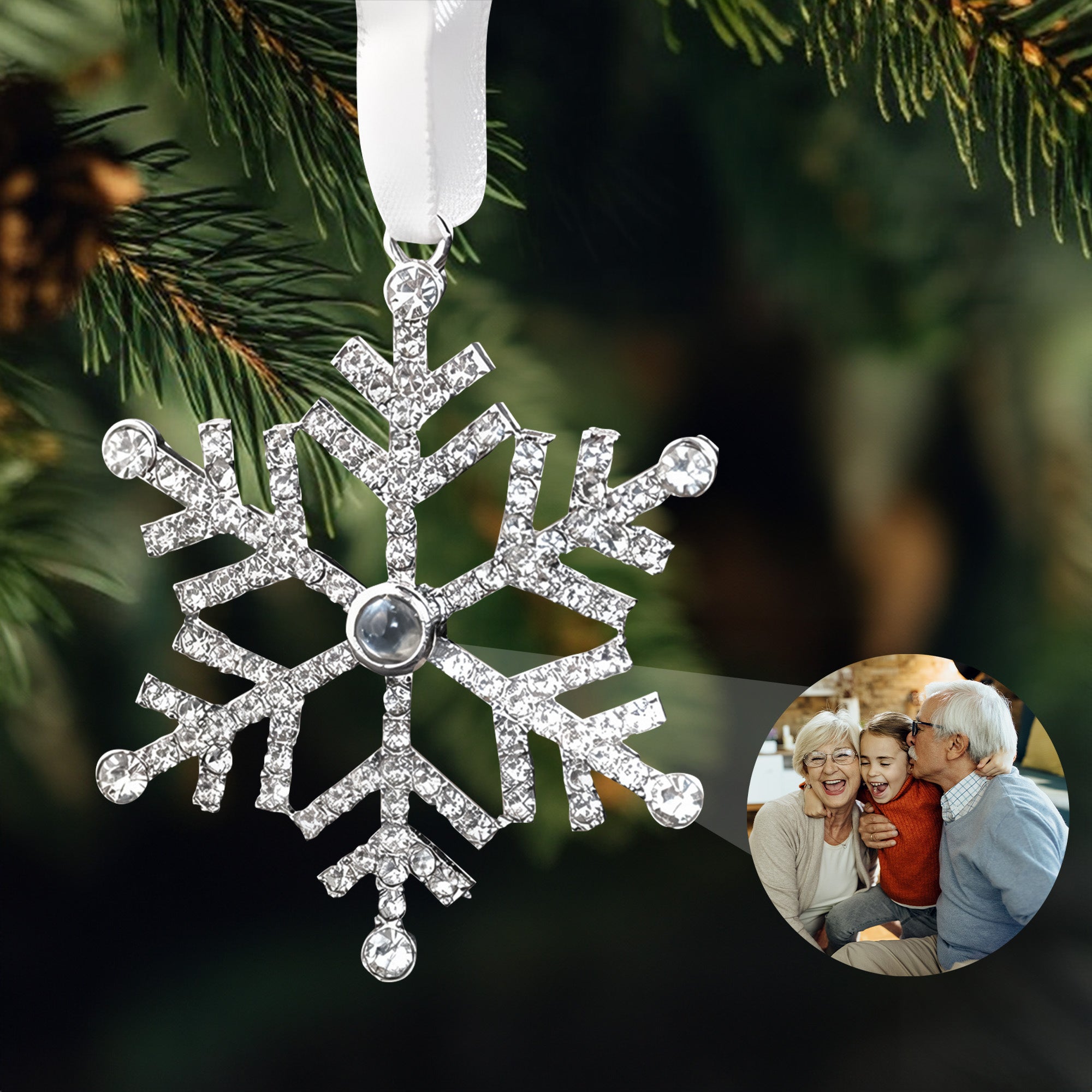 Merry Christmas Grandma & Grandpa - Custom Photo Projection Snowflake Ornament