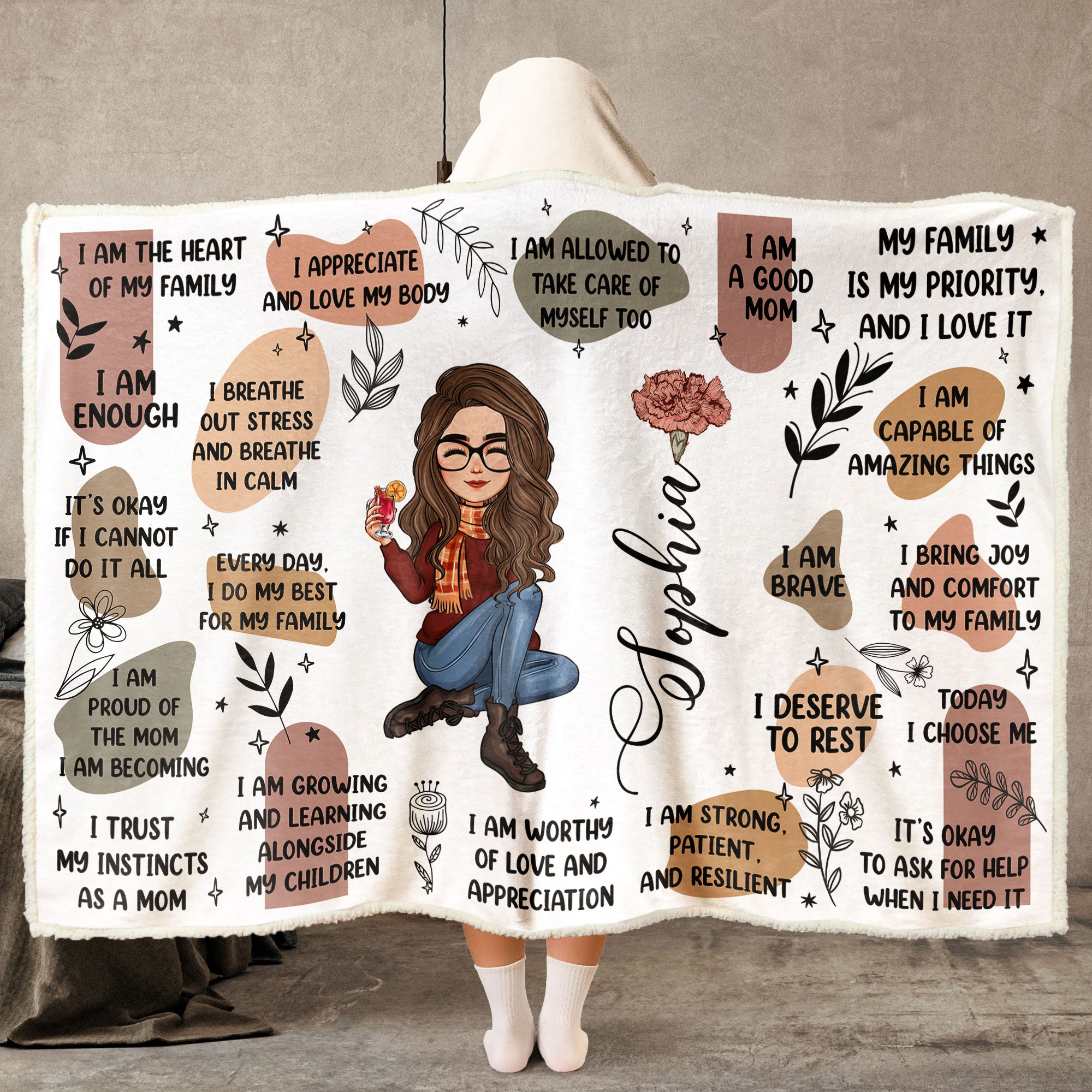 Mom Affirmations Blanket - Custom Birth Flower - Mother's Day Gifts - Personalized Wearable Blanket Hoodie