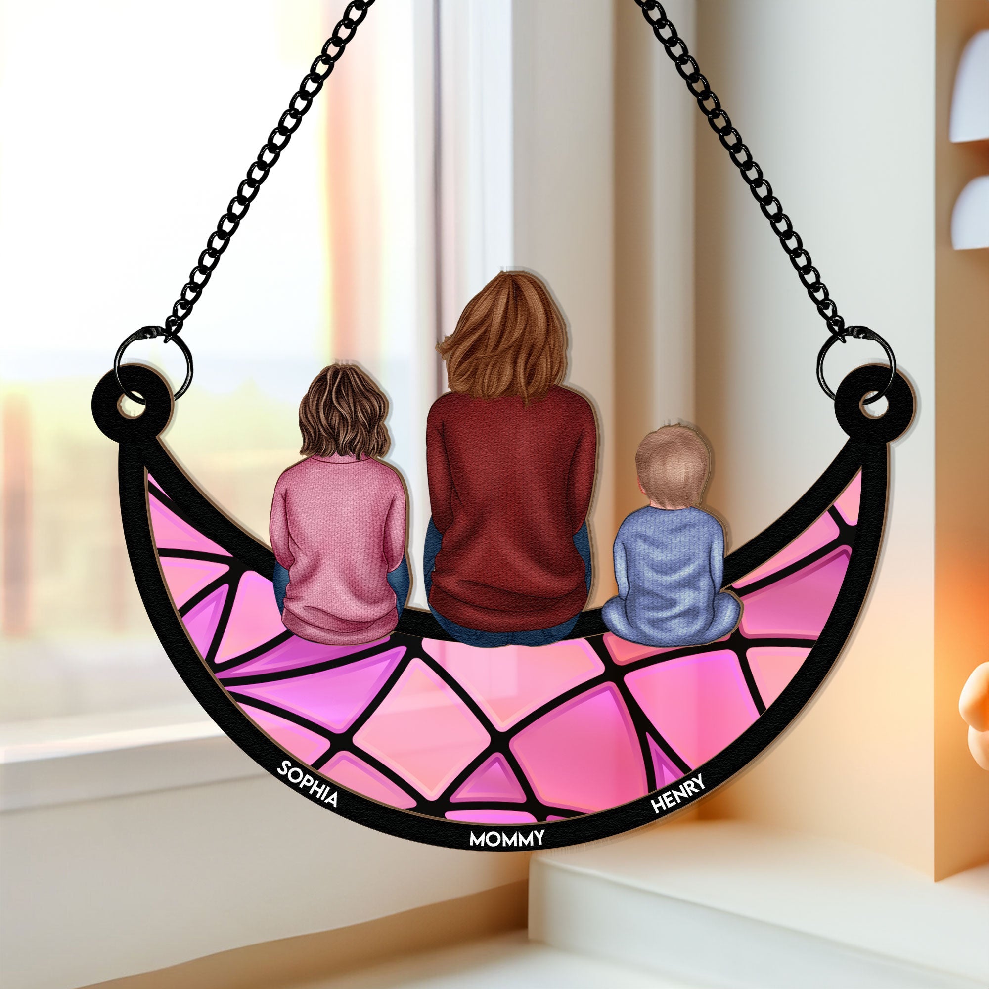 Mom And Her Kids On The Moon - Personalized Window Hanging Suncatcher Ornament