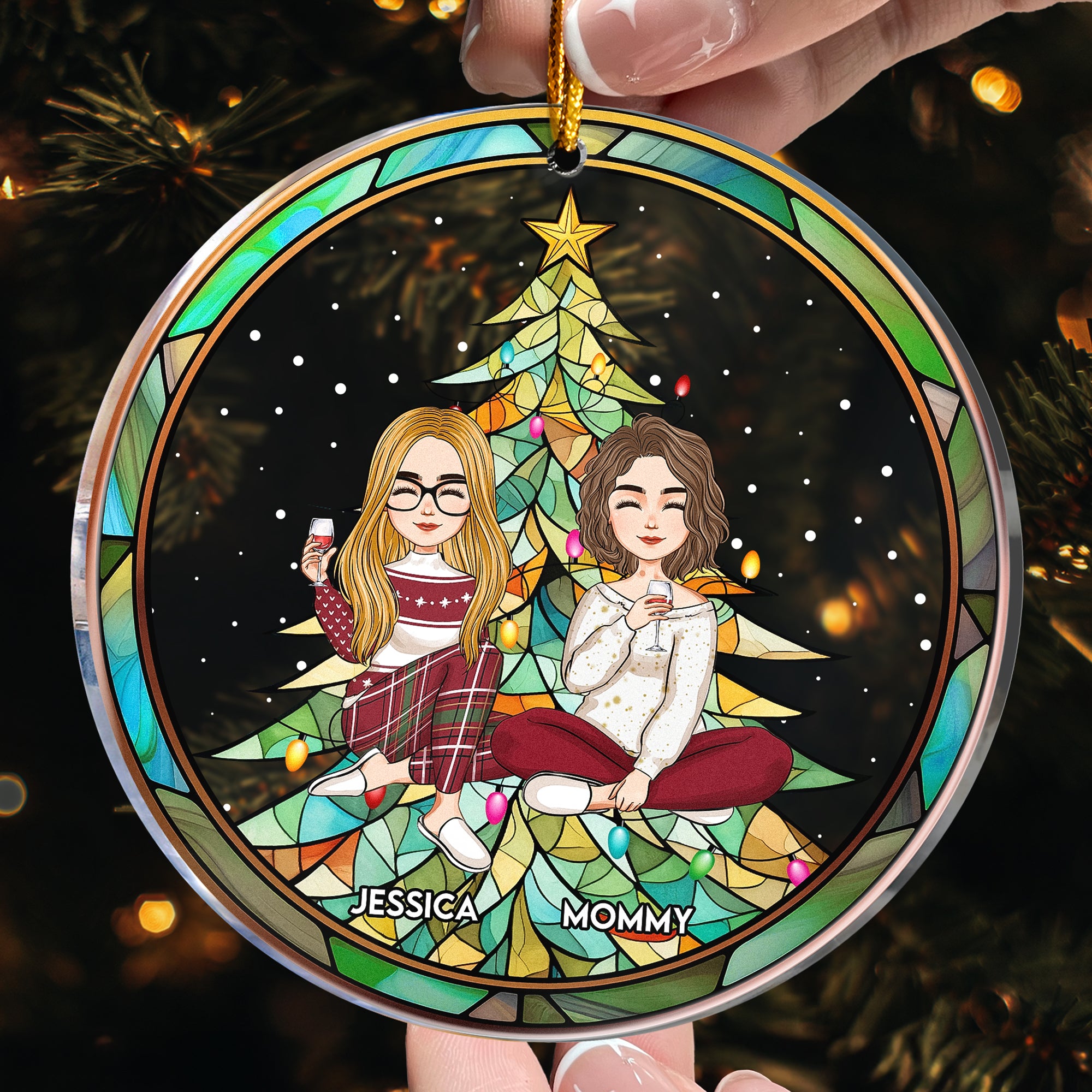 Mom/Daughter/Family Together By Christmas Tree - Personalized Acrylic Ornament