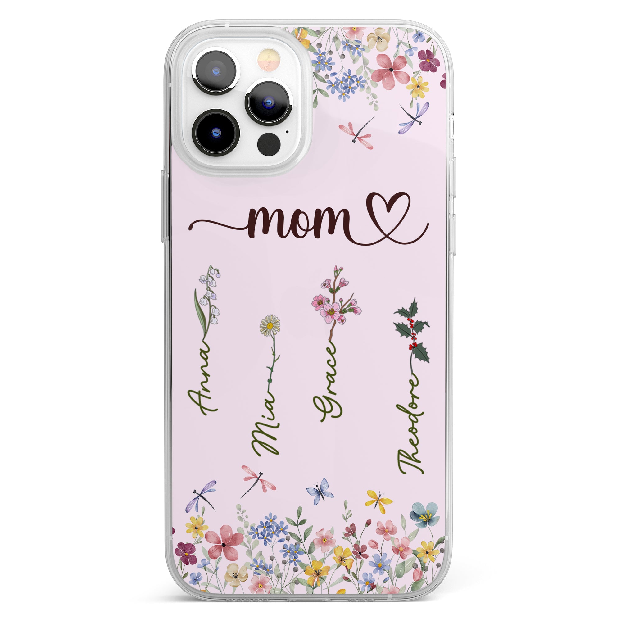 Mom Grandma Custom Birth Flower Kid Name - Personalized Clear Phone Case