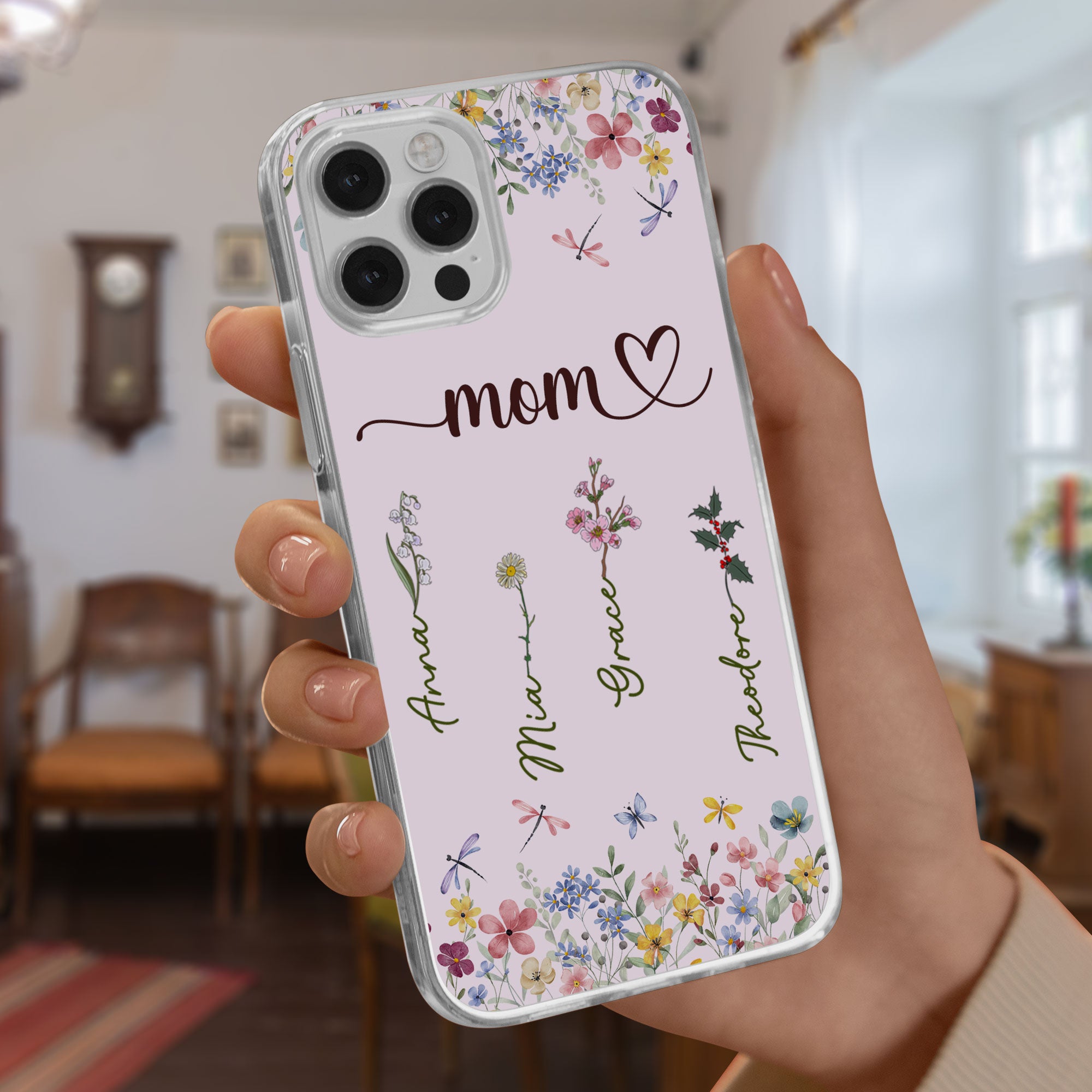 Mom Grandma Custom Birth Flower Kid Name - Personalized Clear Phone Case