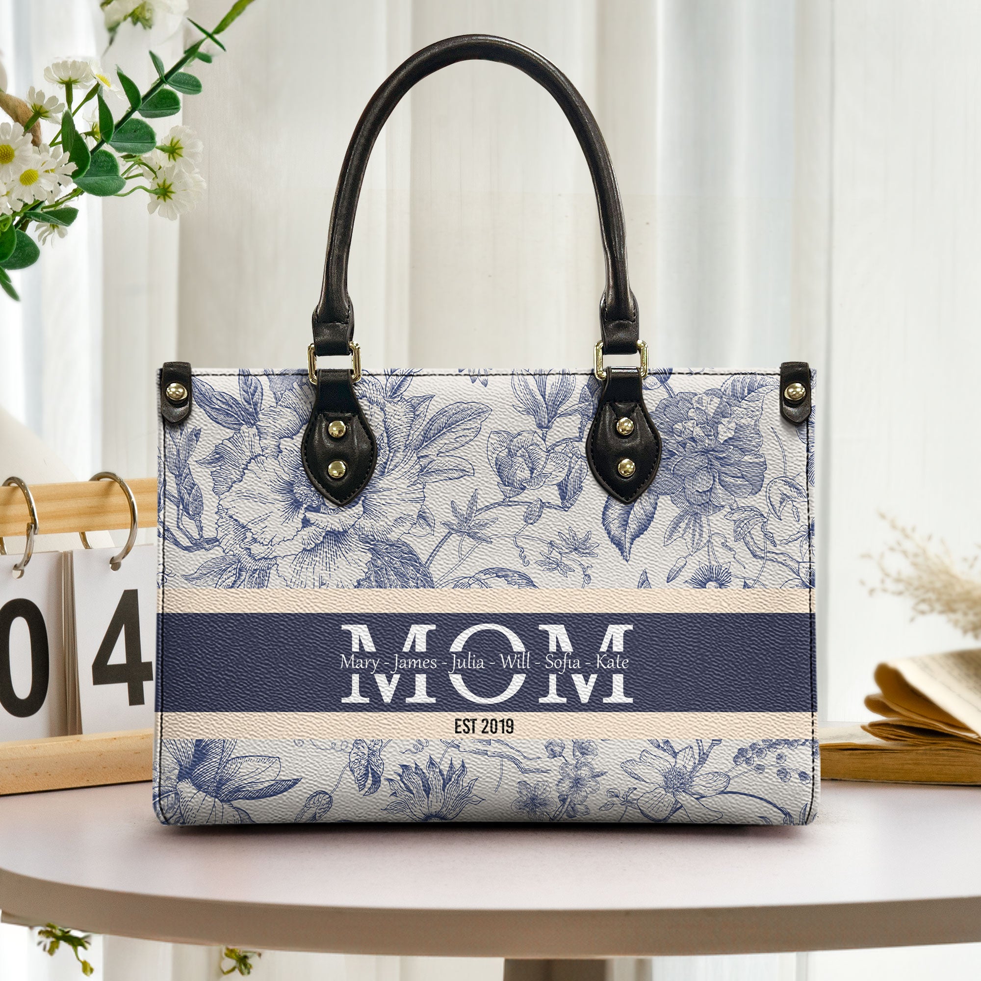 Mom Mama Grandma Gigi Nana Custom Kids Names Floral - Personalized Leather Bag