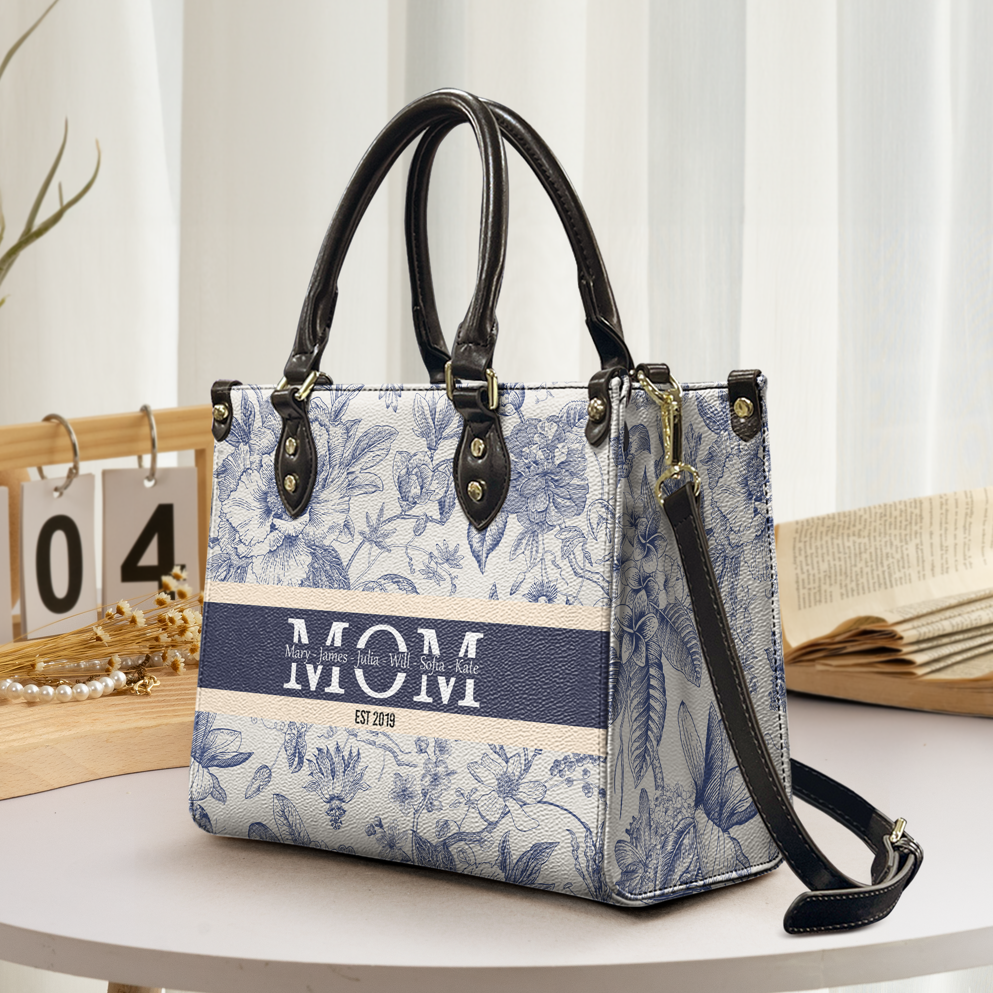 Mom Mama Grandma Gigi Nana Custom Kids Names Floral - Personalized Leather Bag