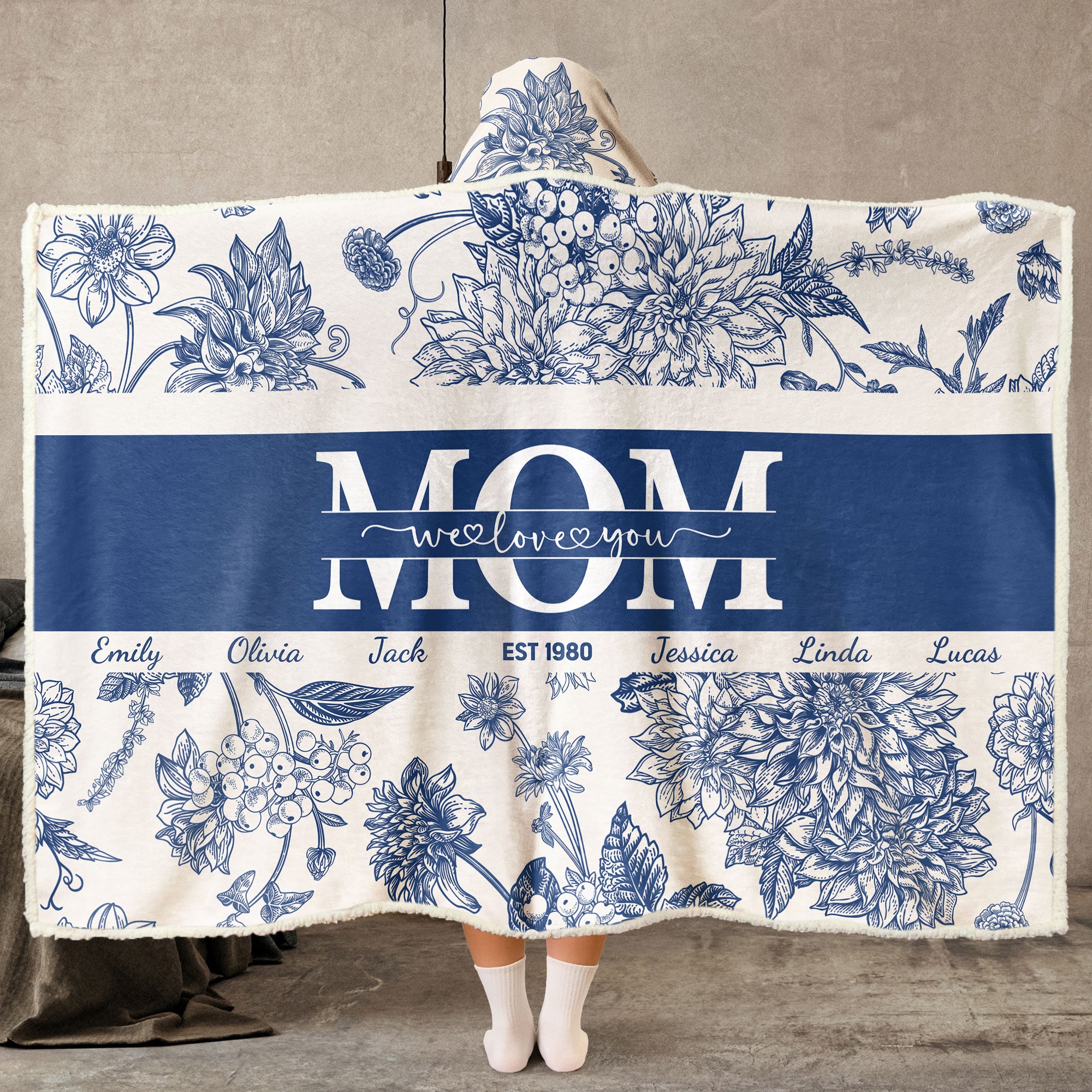 Mom We Love You Toile Floral - Personalized Wearable Blanket Hoodie