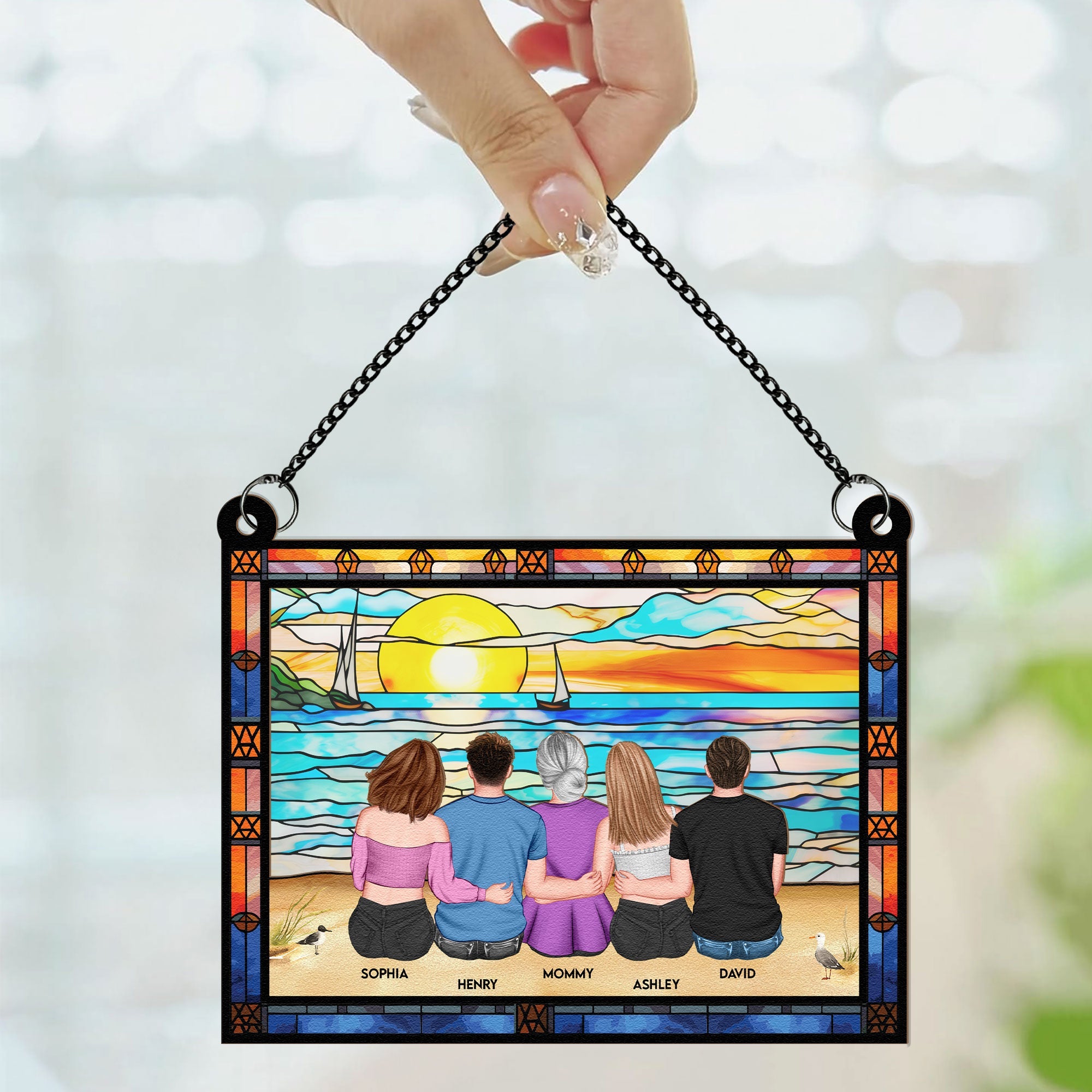 Mom & Children Sitting On The Beach - Personalized Window Hanging Suncatcher Ornament