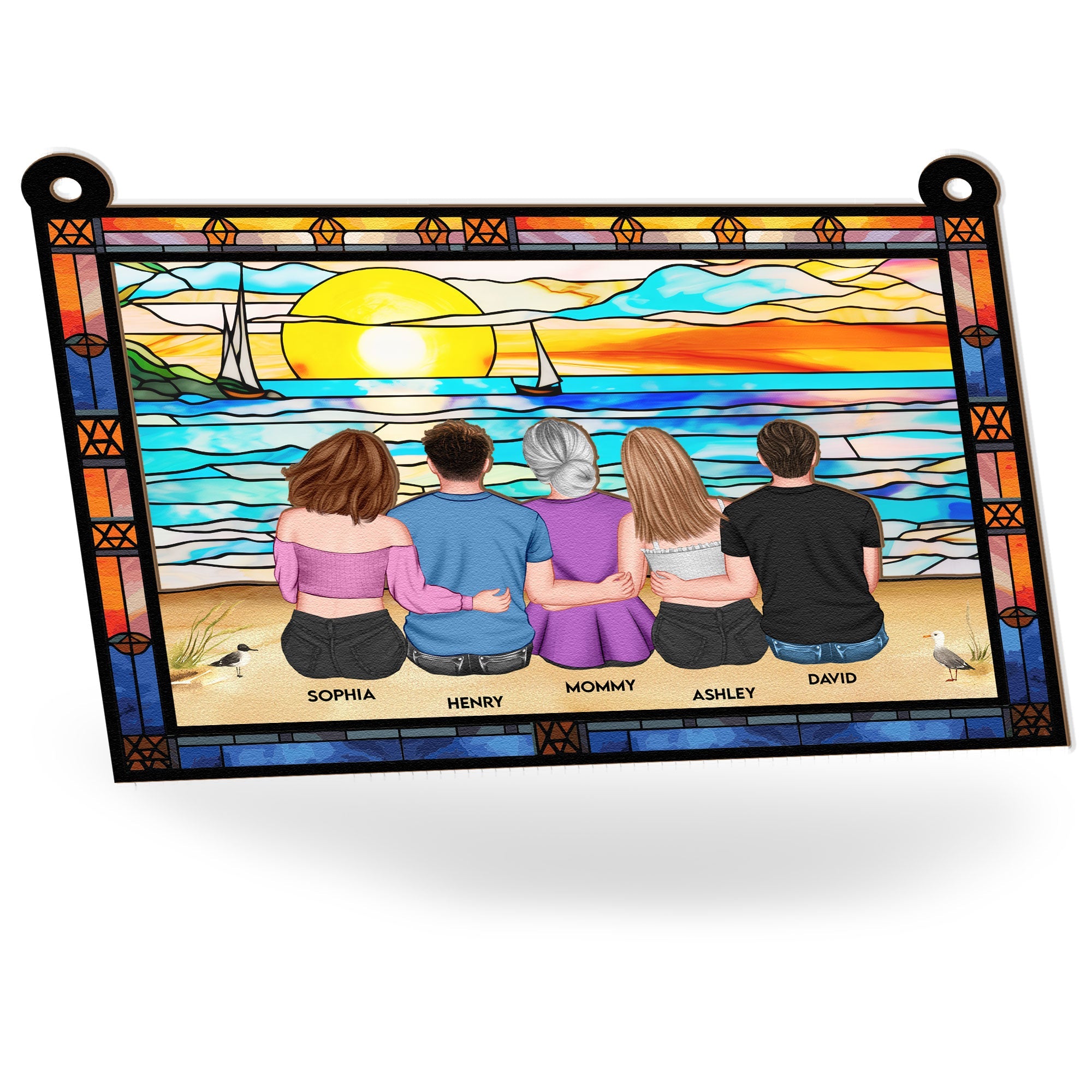 Mom & Children Sitting On The Beach - Personalized Window Hanging Suncatcher Ornament