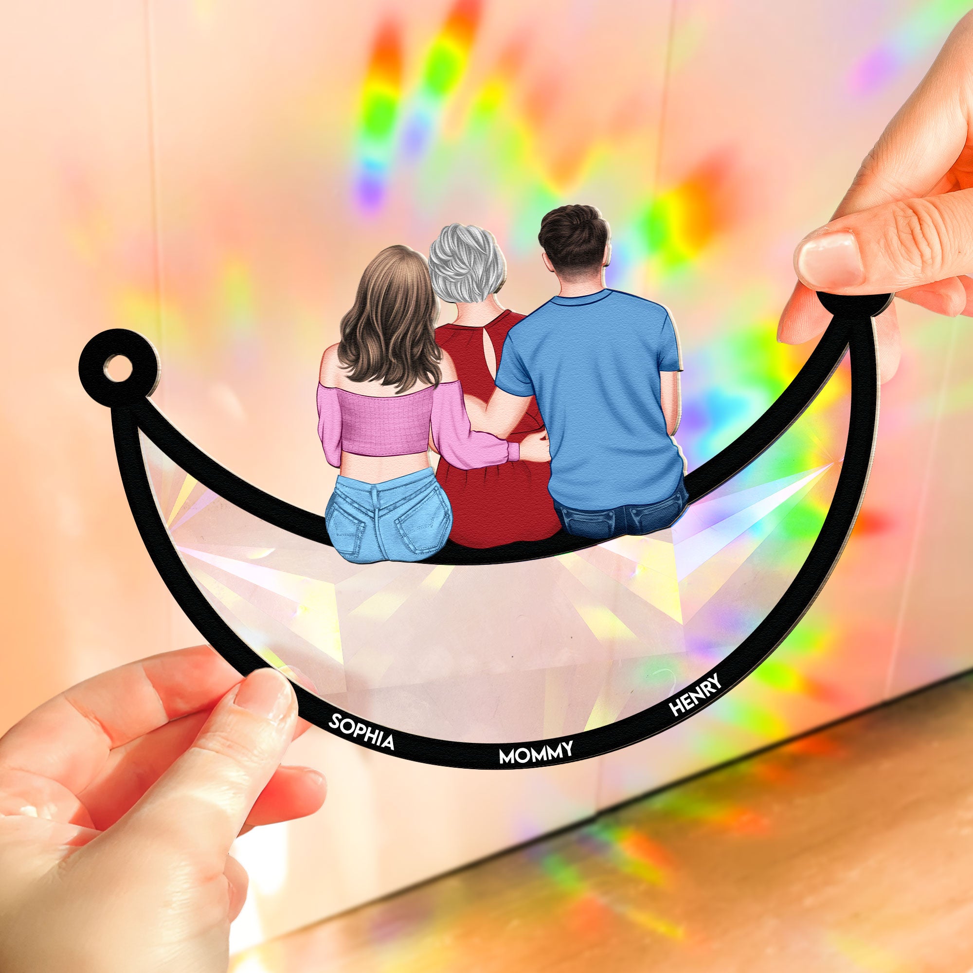 Mom & Children Sitting On The Moon - Personalized Rainbow Suncatcher