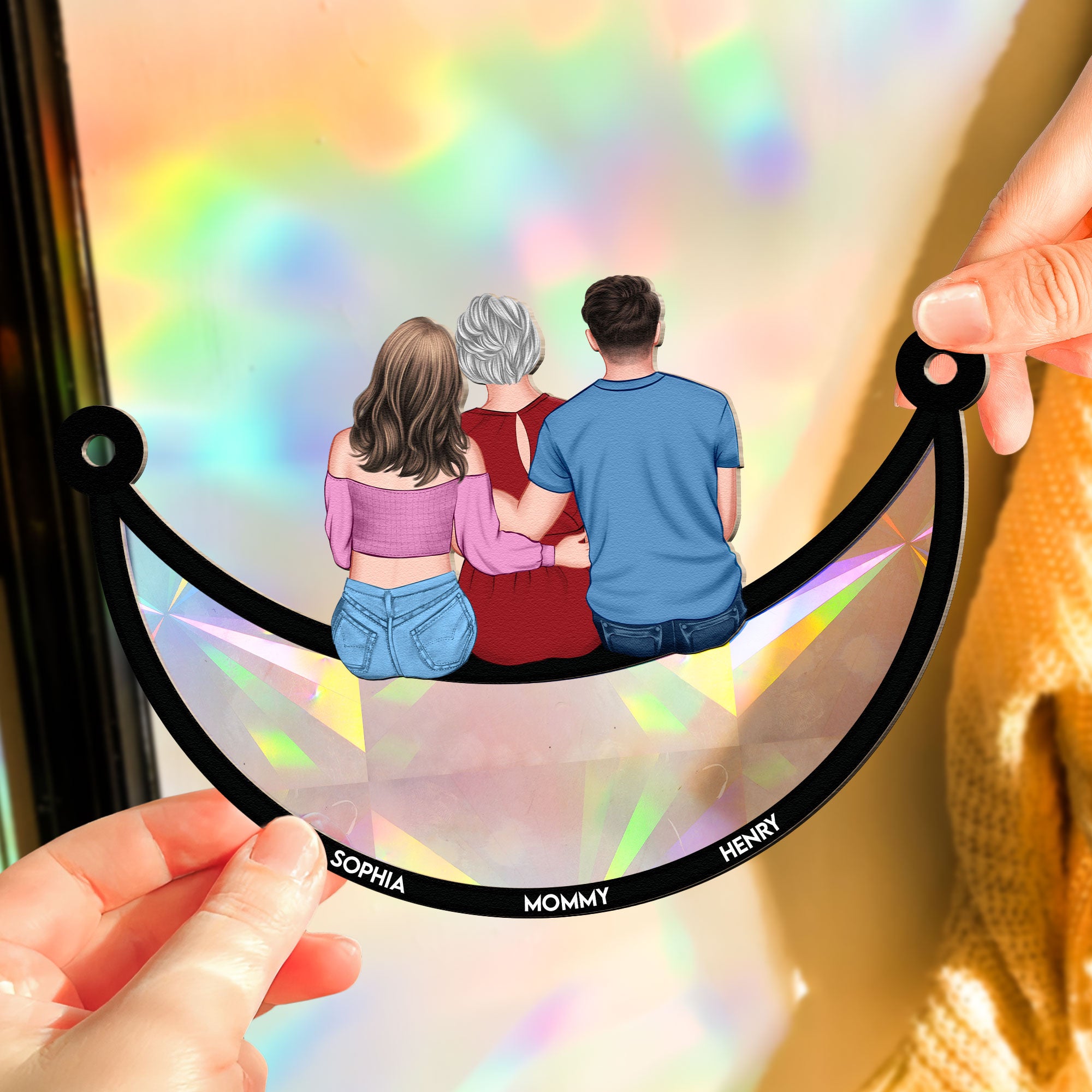 Mom & Children Sitting On The Moon - Personalized Rainbow Suncatcher