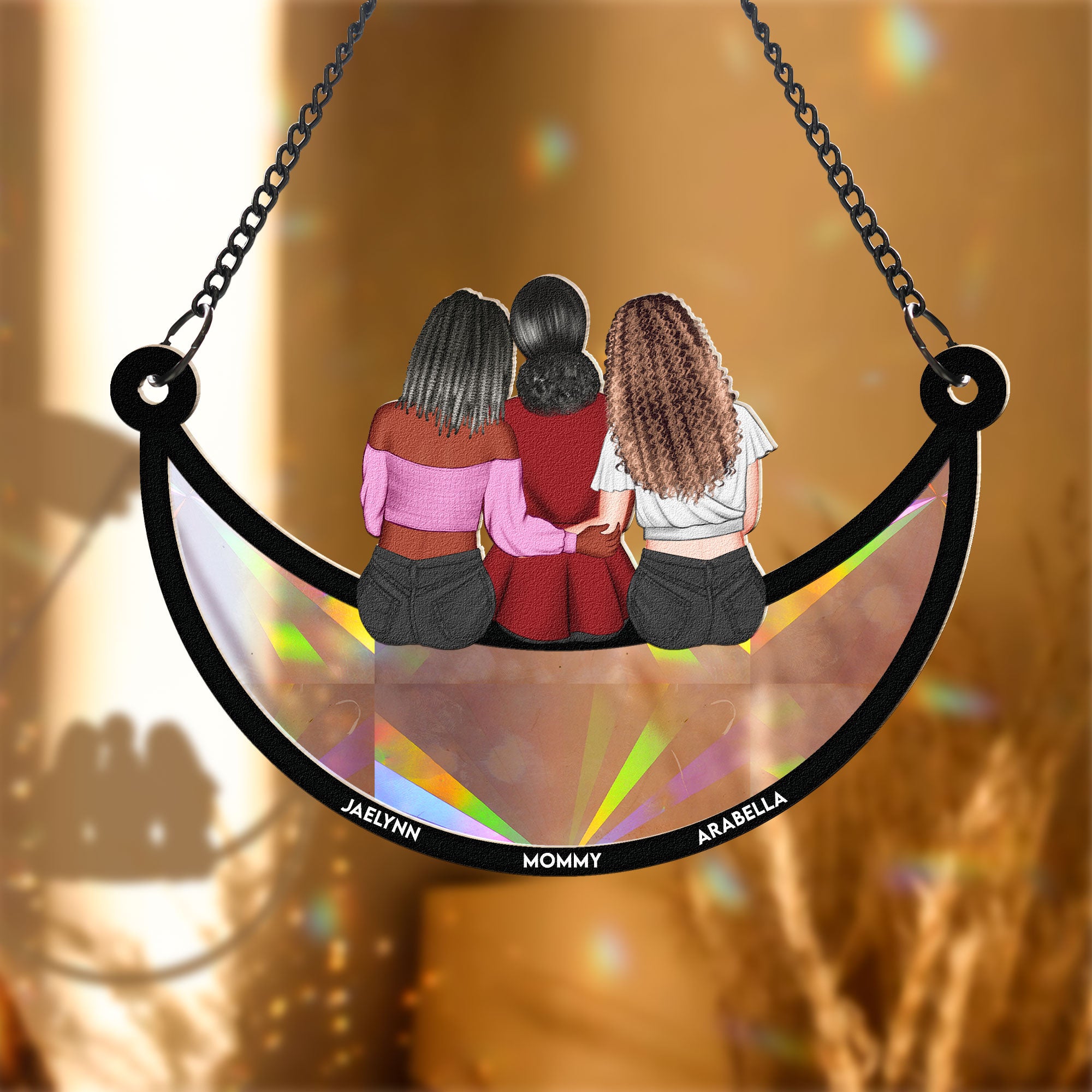 Mom & Children Sitting On The Moon - Personalized Rainbow Suncatcher