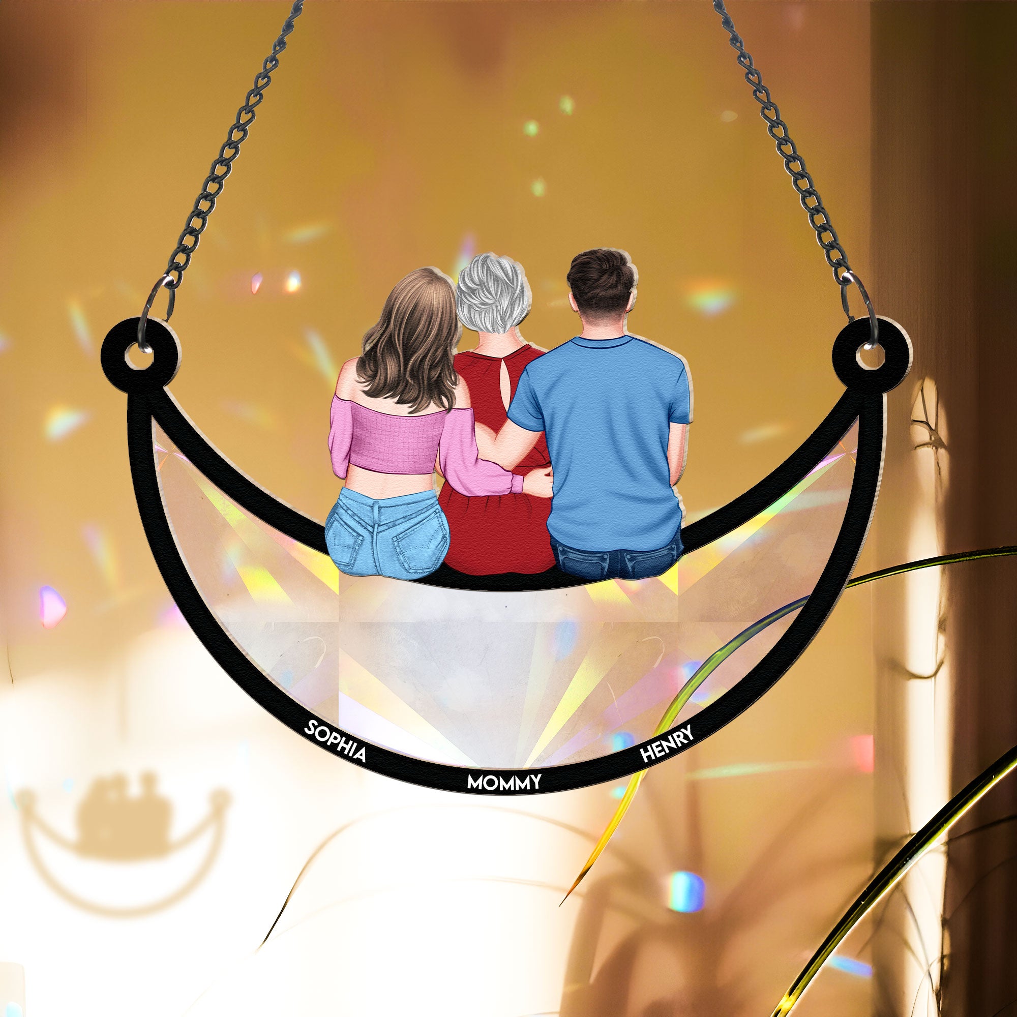 Mom & Children Sitting On The Moon - Personalized Rainbow Suncatcher