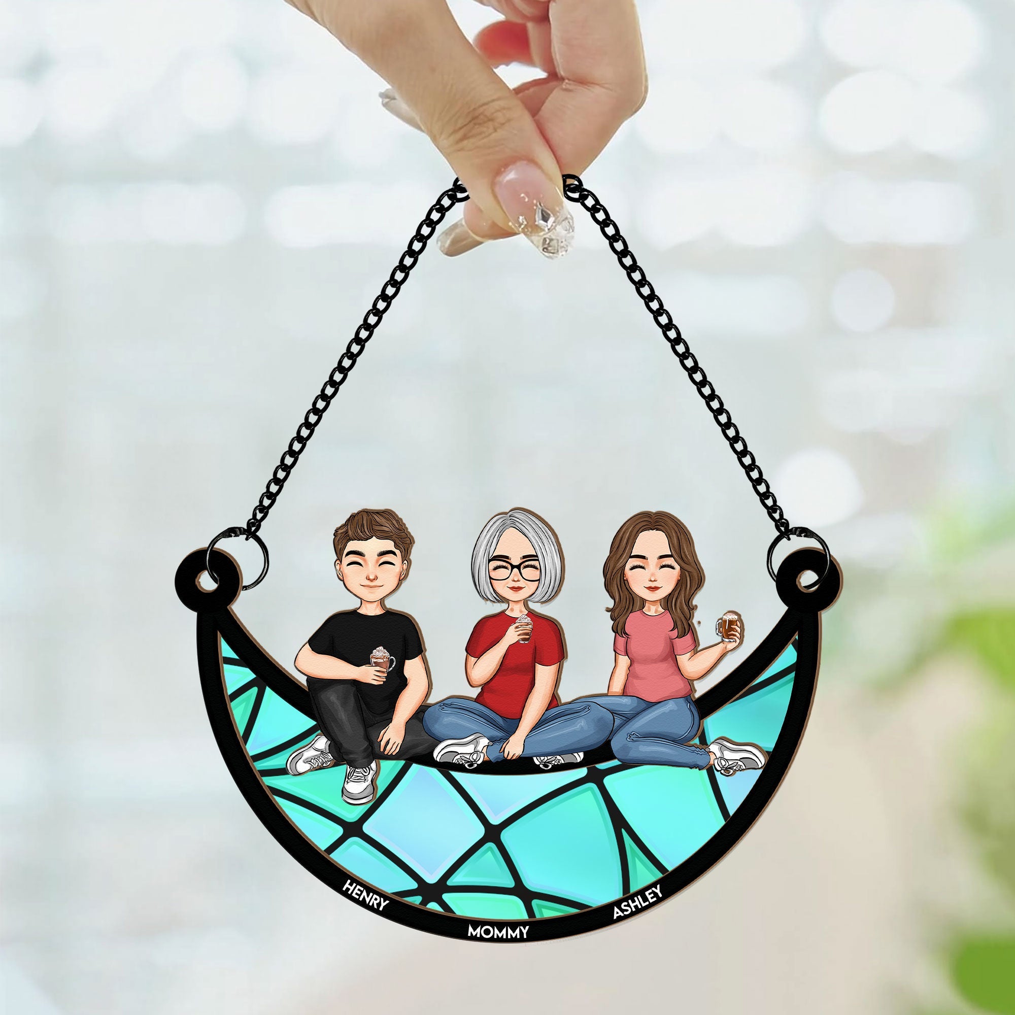 Mom & Children Sitting On The Moon - Personalized Window Hanging Suncatcher Ornament