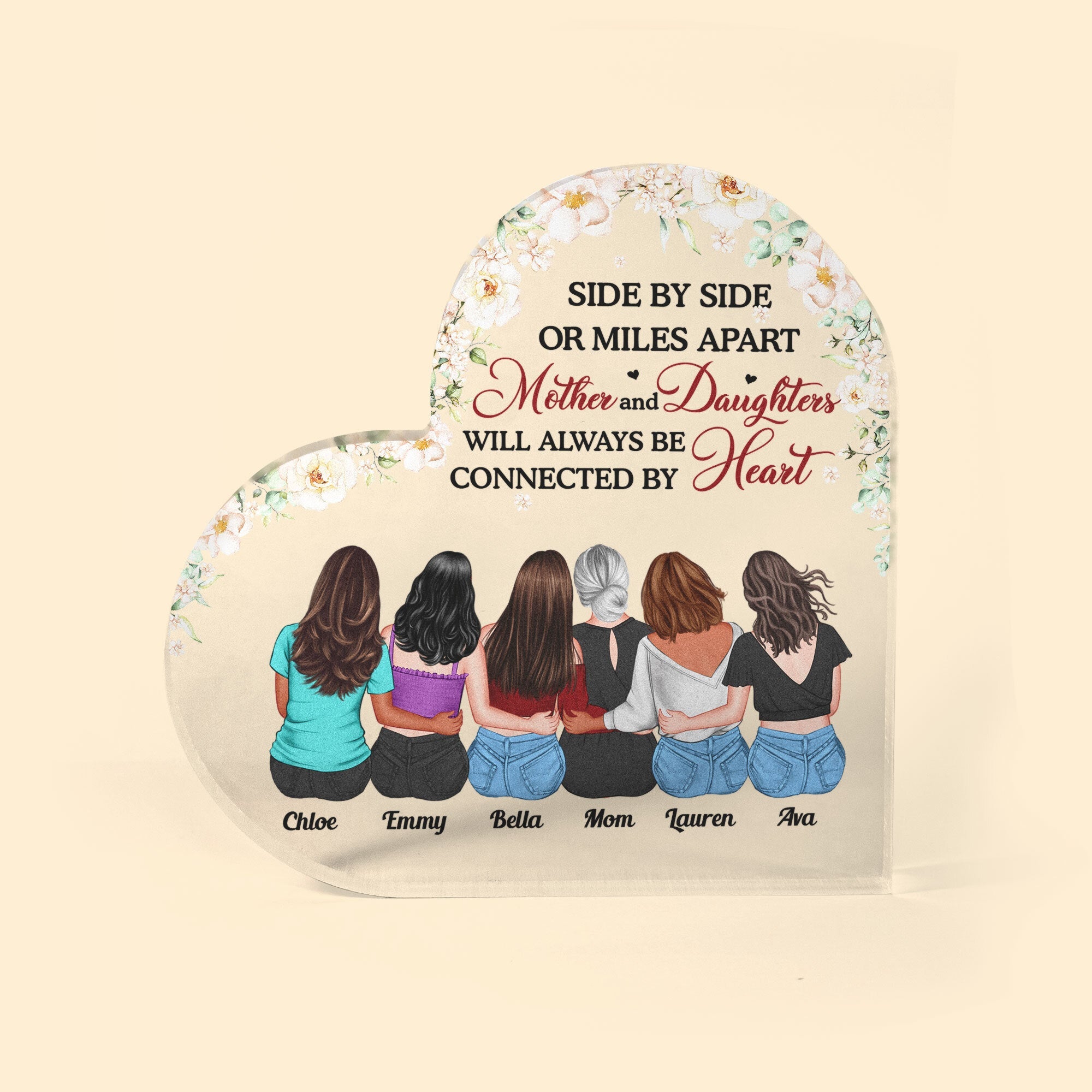 Mom & Daughters Are Connected By Heart - Personalized Heart Shaped Acrylic Plaque