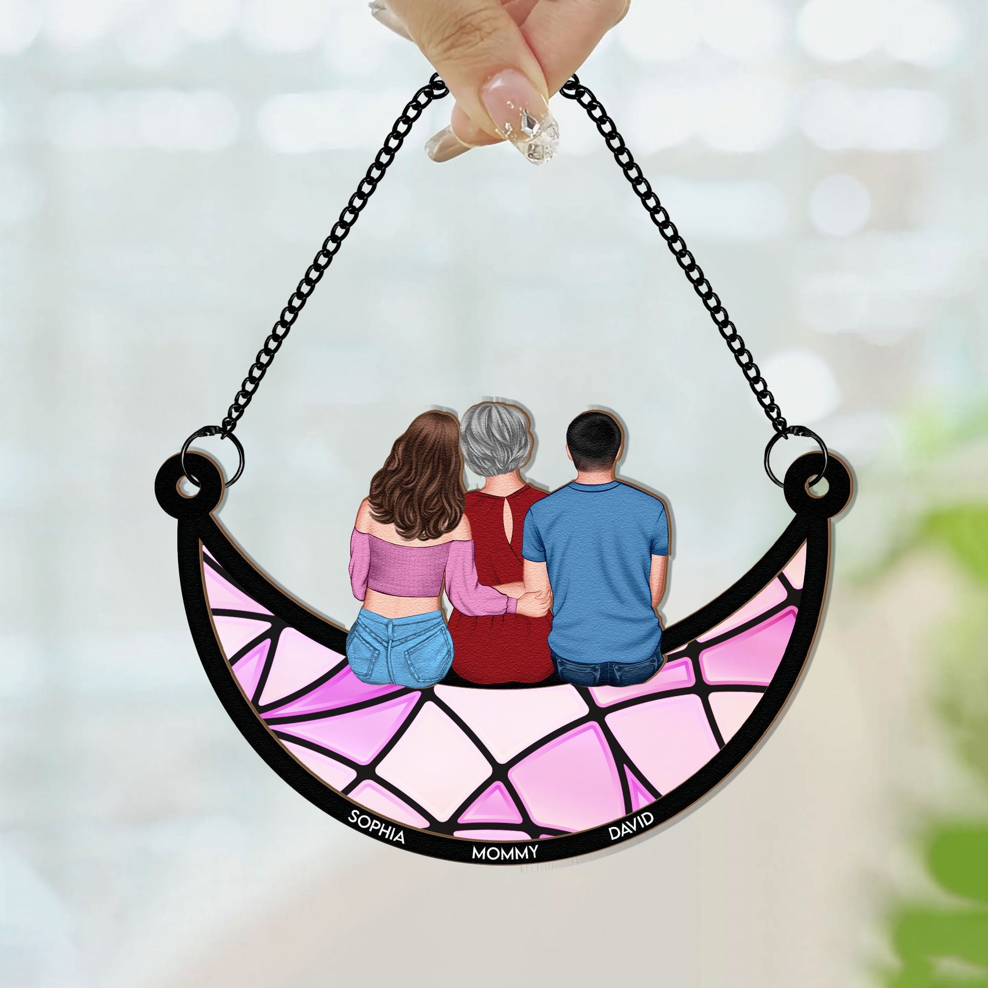 Mom, Children Sitting On The Moon - Personalized Window Hanging Suncatcher Ornament